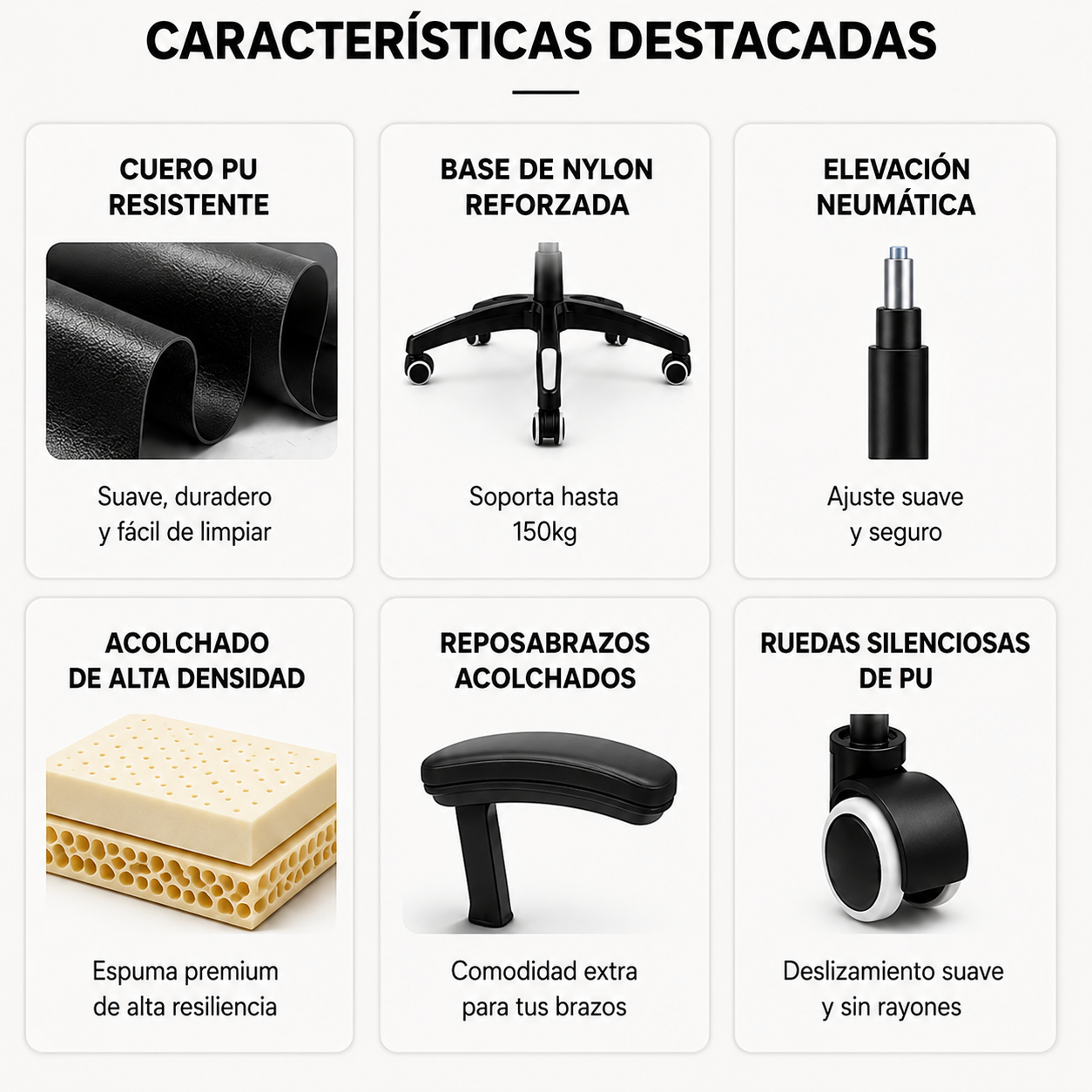 Características del producto: cuero PU, base de nylon, elevación neumática, acolchado, reposabrazos, ruedas de PU.