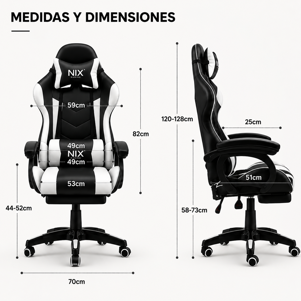 Silla gaming negra y blanca con dimensiones y medidas mostradas.