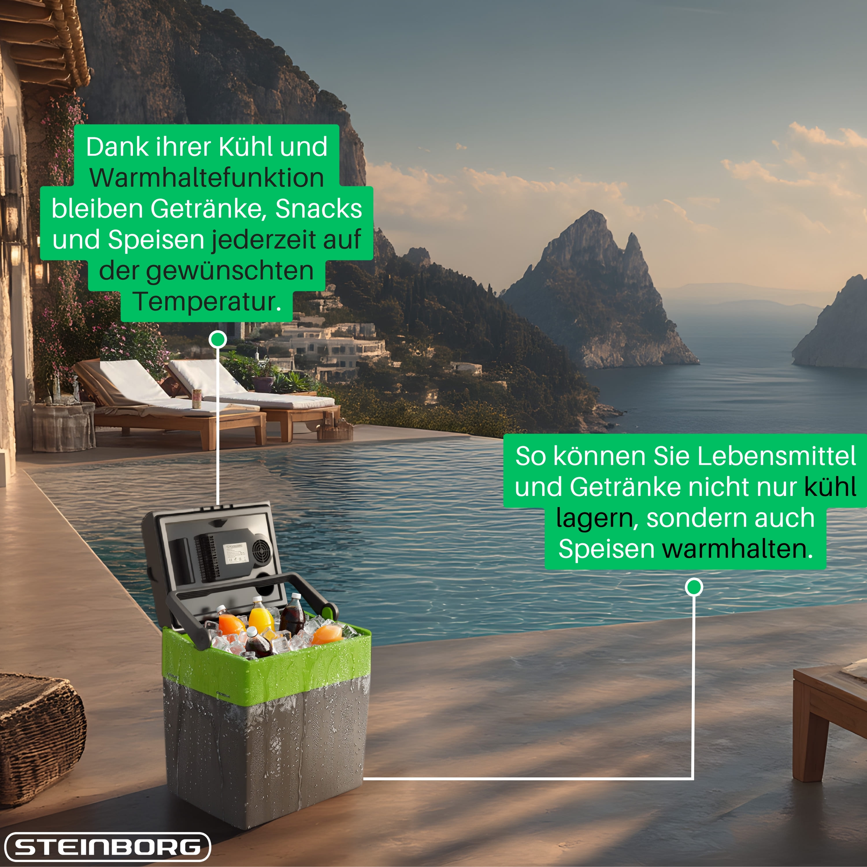 Kühler mit Getränken am Pool mit Berg- und Meerblick. Steinborg.
