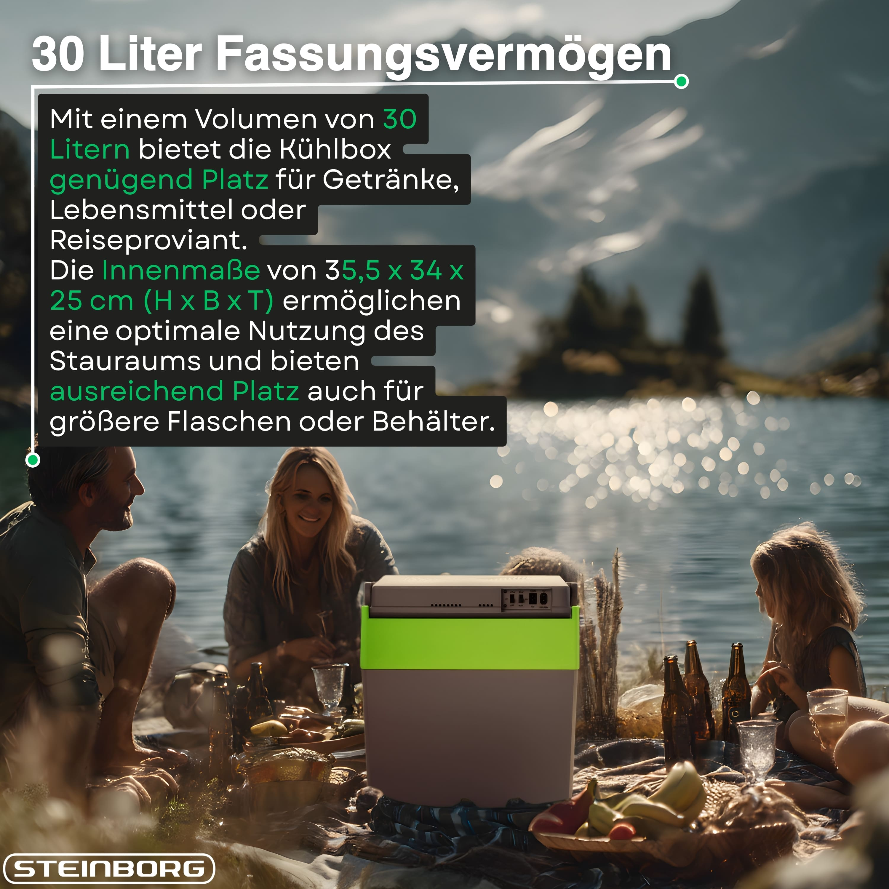 Familie am See mit einer 30L Kühlbox, Getränken und Essen auf einer Decke.