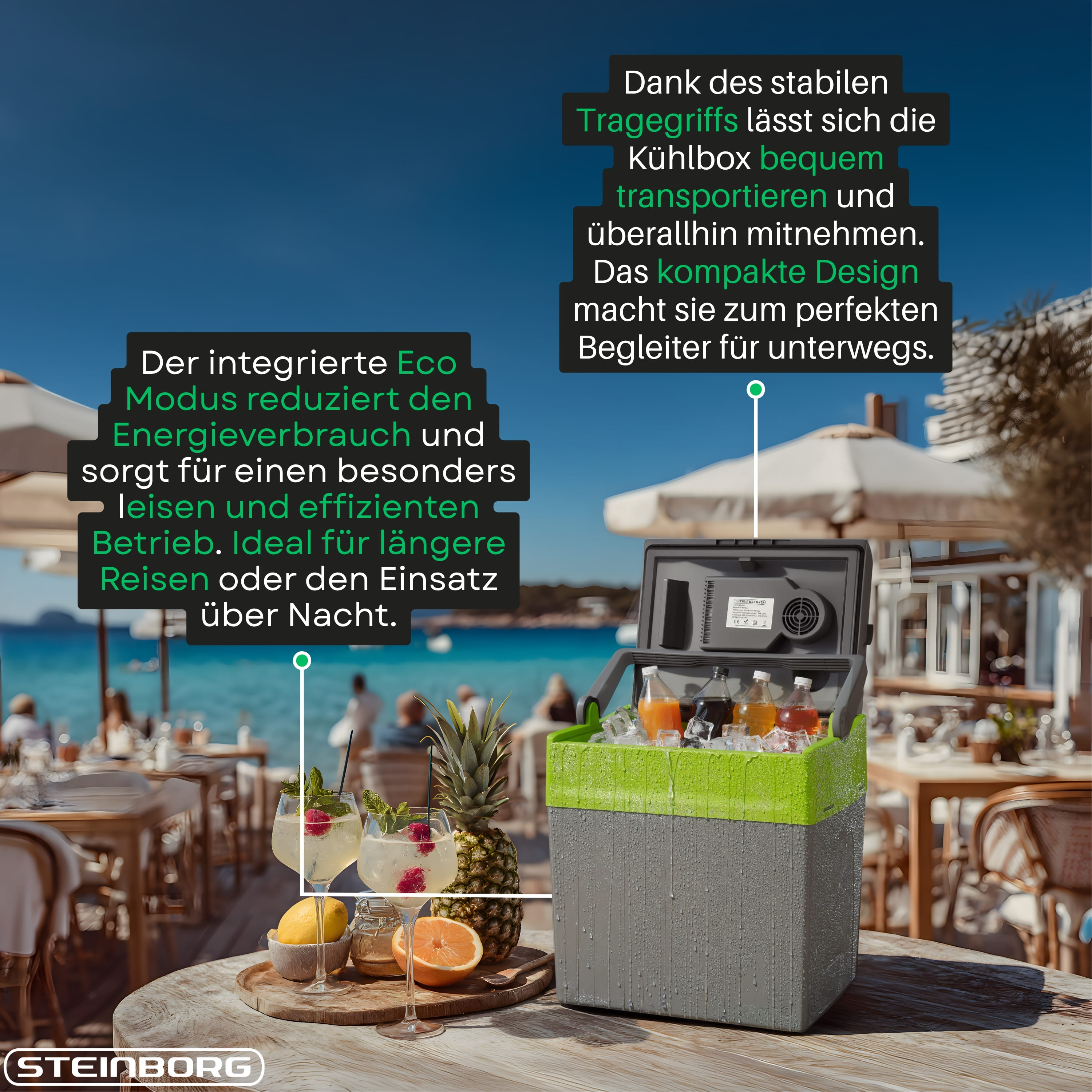 Eine Kühlbox mit Getränken und Früchten am Strand. "Eco-Modus" und "Tragegriff" hervorgehoben.