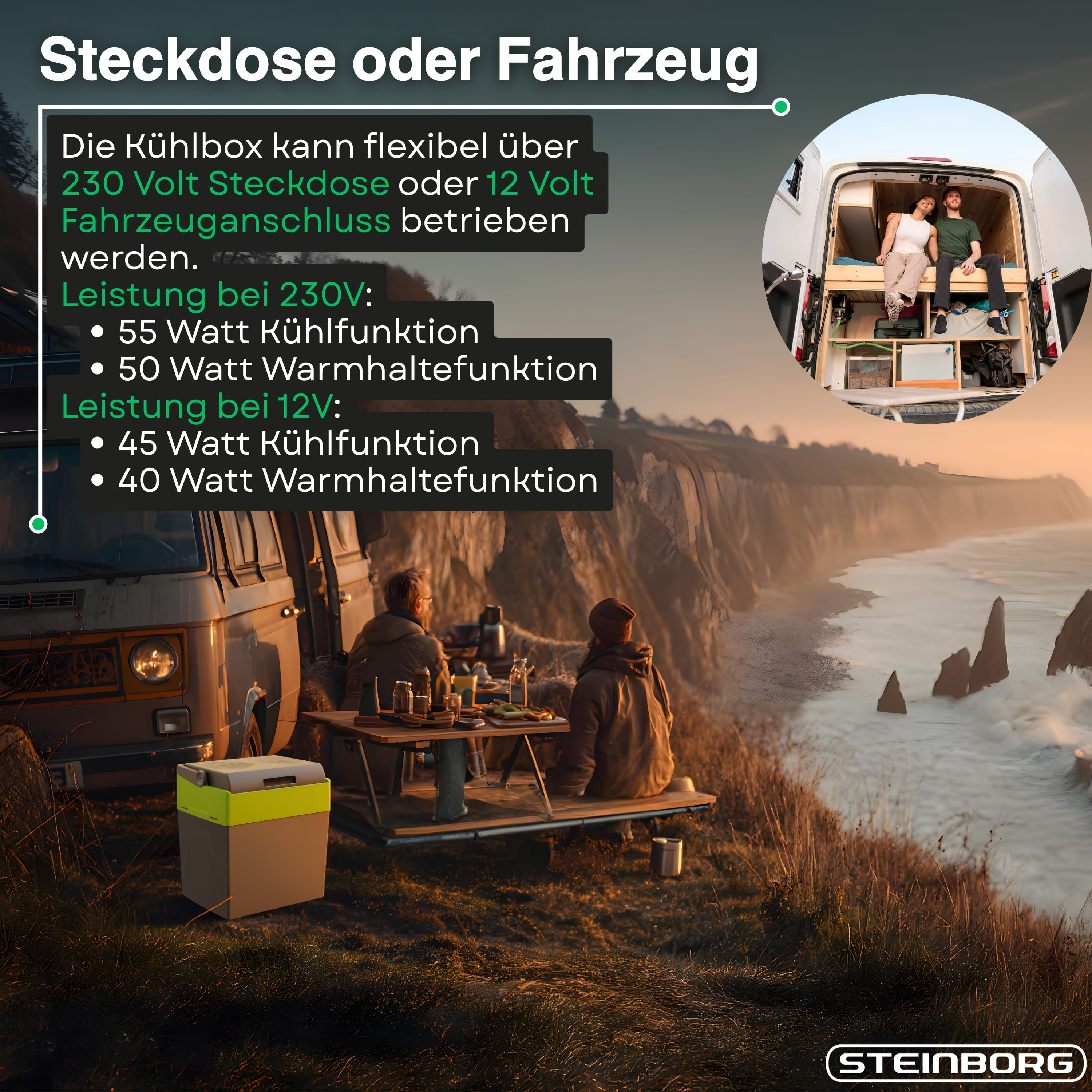 Zwei Personen sitzen auf der Rückseite eines Vans mit geöffneten Türen, Küstenlandschaft im Hintergrund.