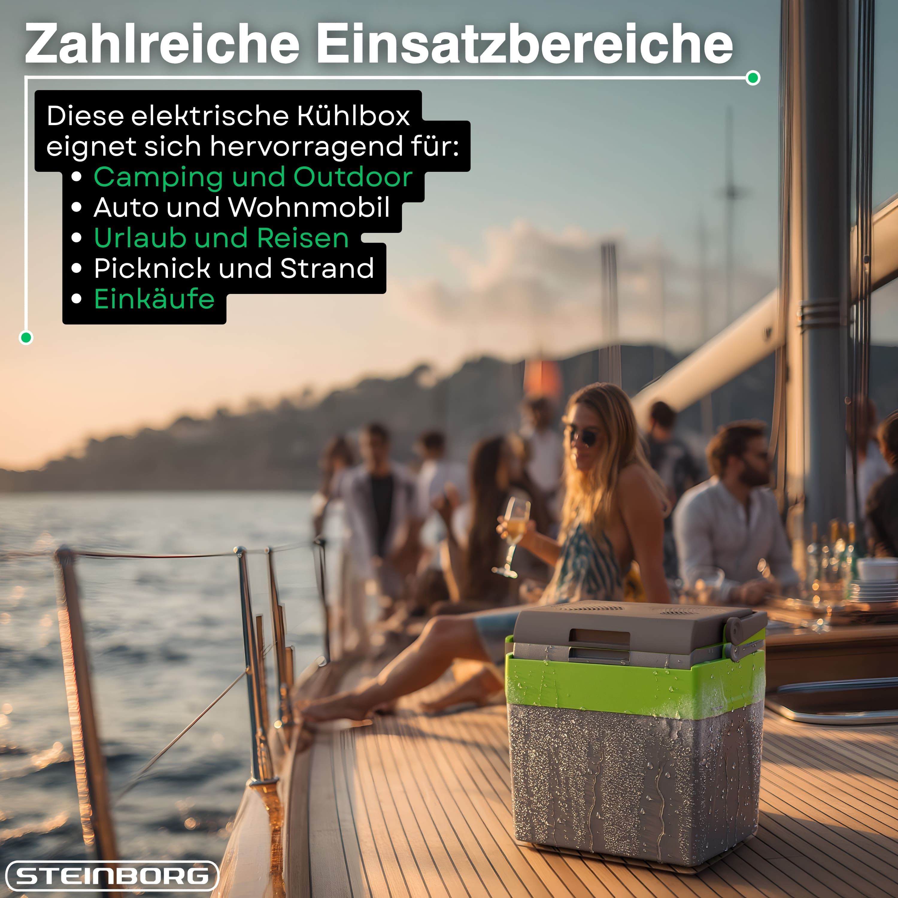Elektrische Kühlbox auf einem Deck mit Menschen im Hintergrund.