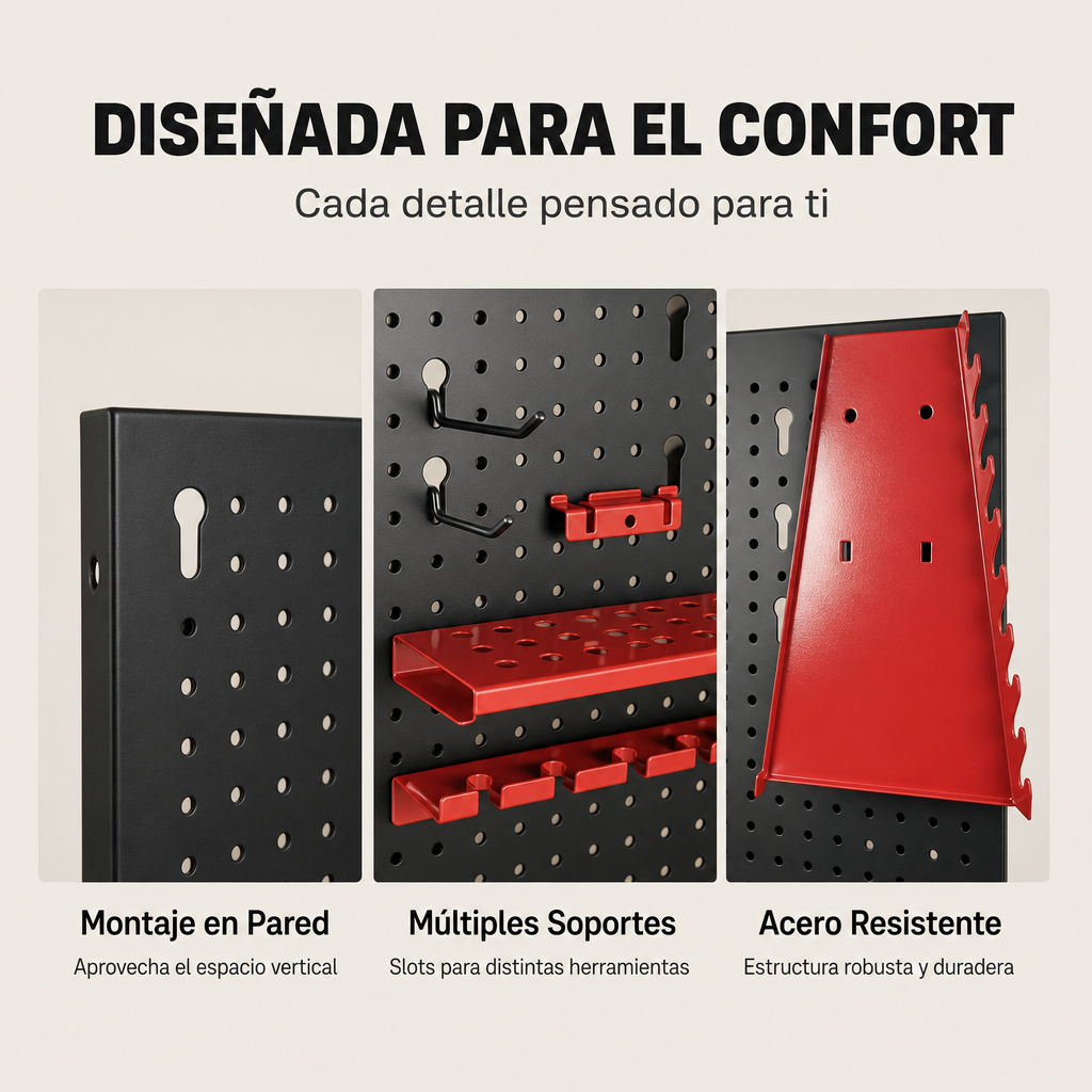 Tres tableros perforados negros y rojos con varios soportes y ganchos.