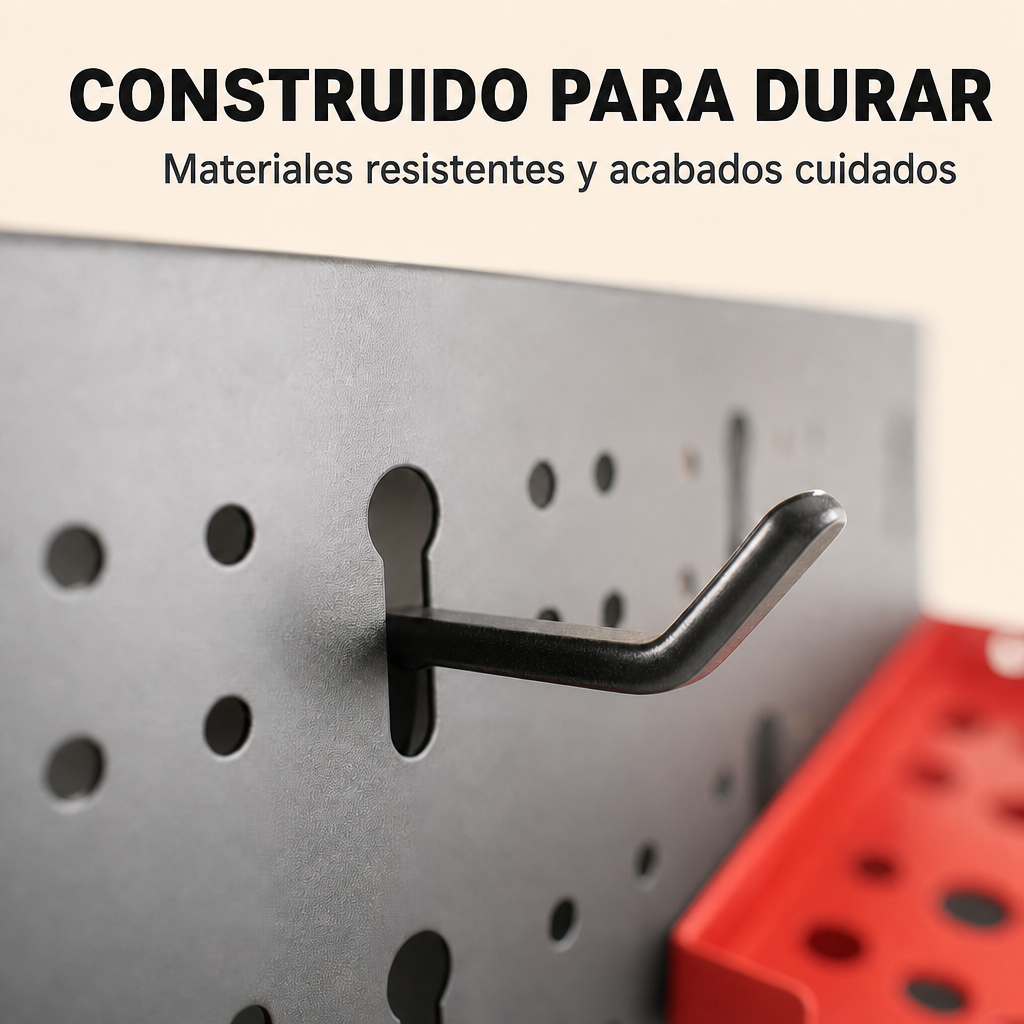 Un gancho negro insertado en un panel perforado; hay una caja roja al lado.