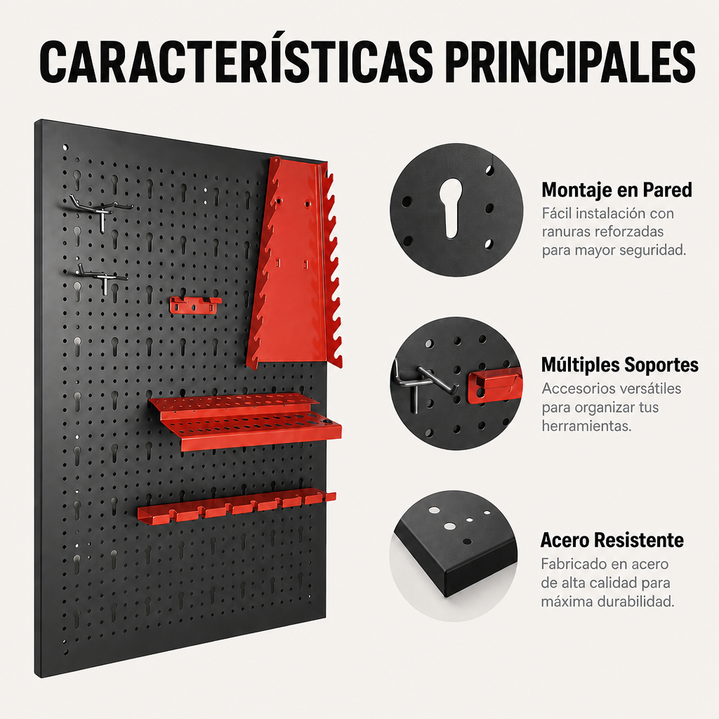 Panel perforado negro con soportes rojos para herramientas y detalles.