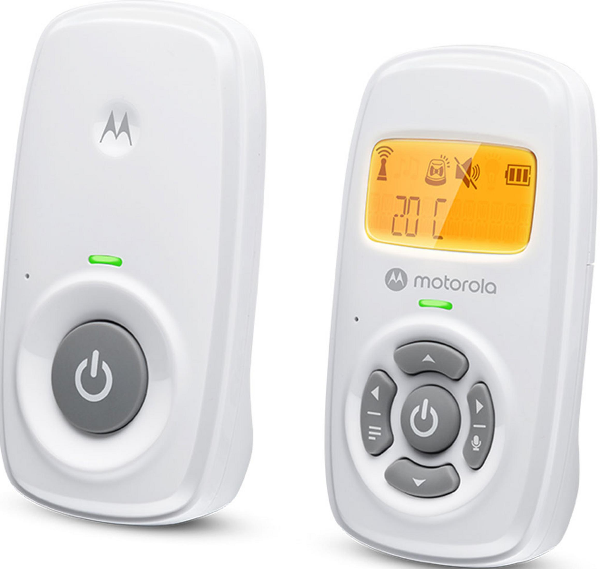 Due baby monitor Motorola bianchi uno accanto all'altro. Uno ha schermo e pulsanti.