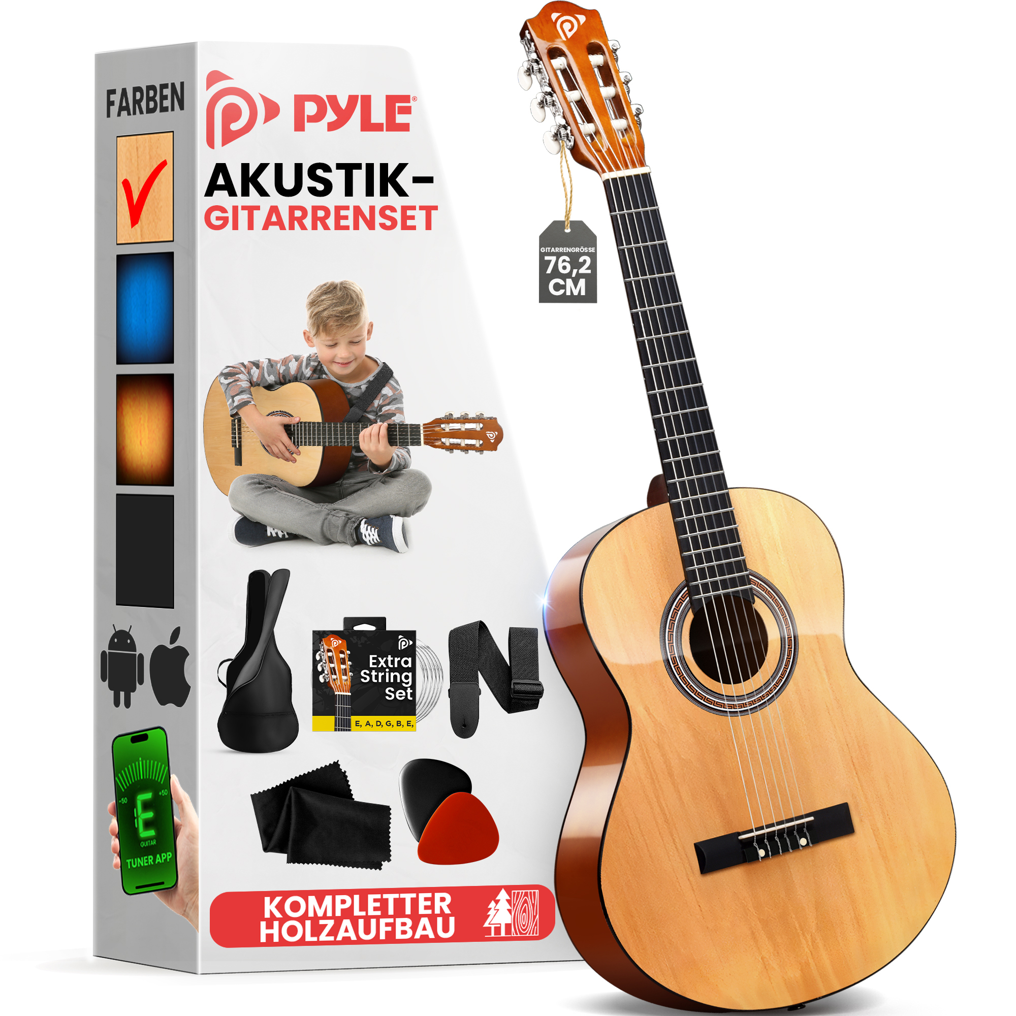 Akustikgitarren-Set mit Zubehör, auf dem eine Gitarre liegend abgebildet ist.