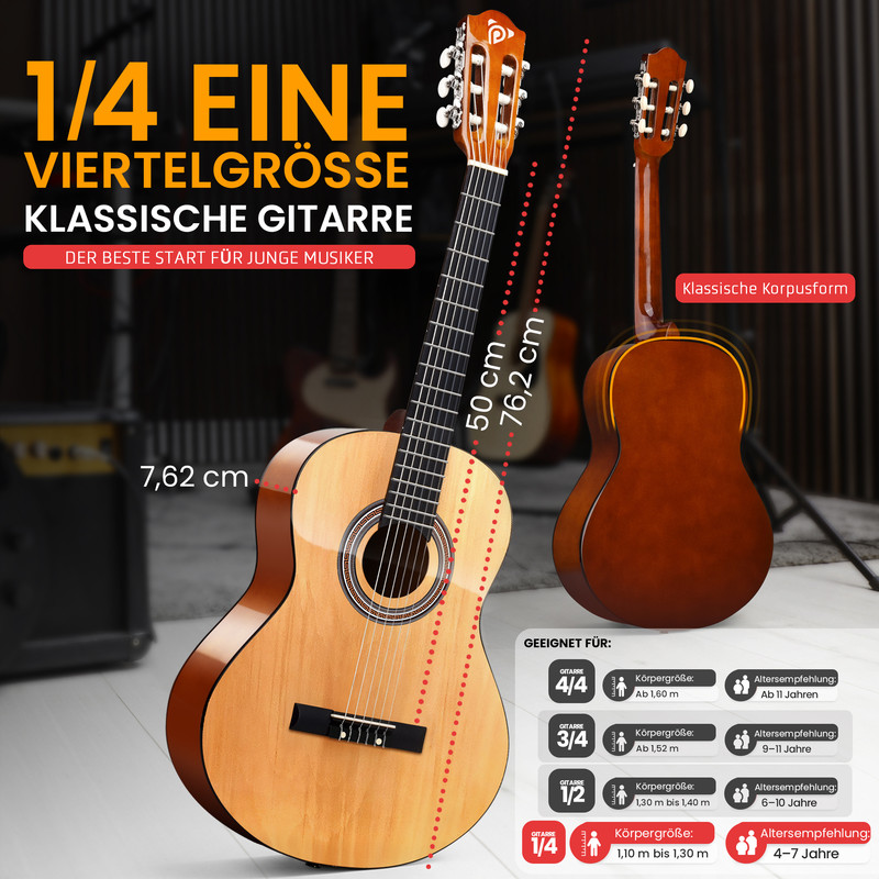 Eine 1/4 Größe klassische Gitarre mit Maßen und Altersempfehlungen.