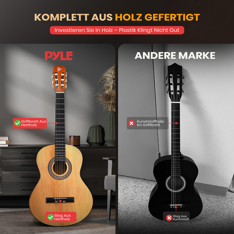Zwei Gitarren im Vergleich: Eine aus Hartholz, die andere mit Kunststoffteilen.