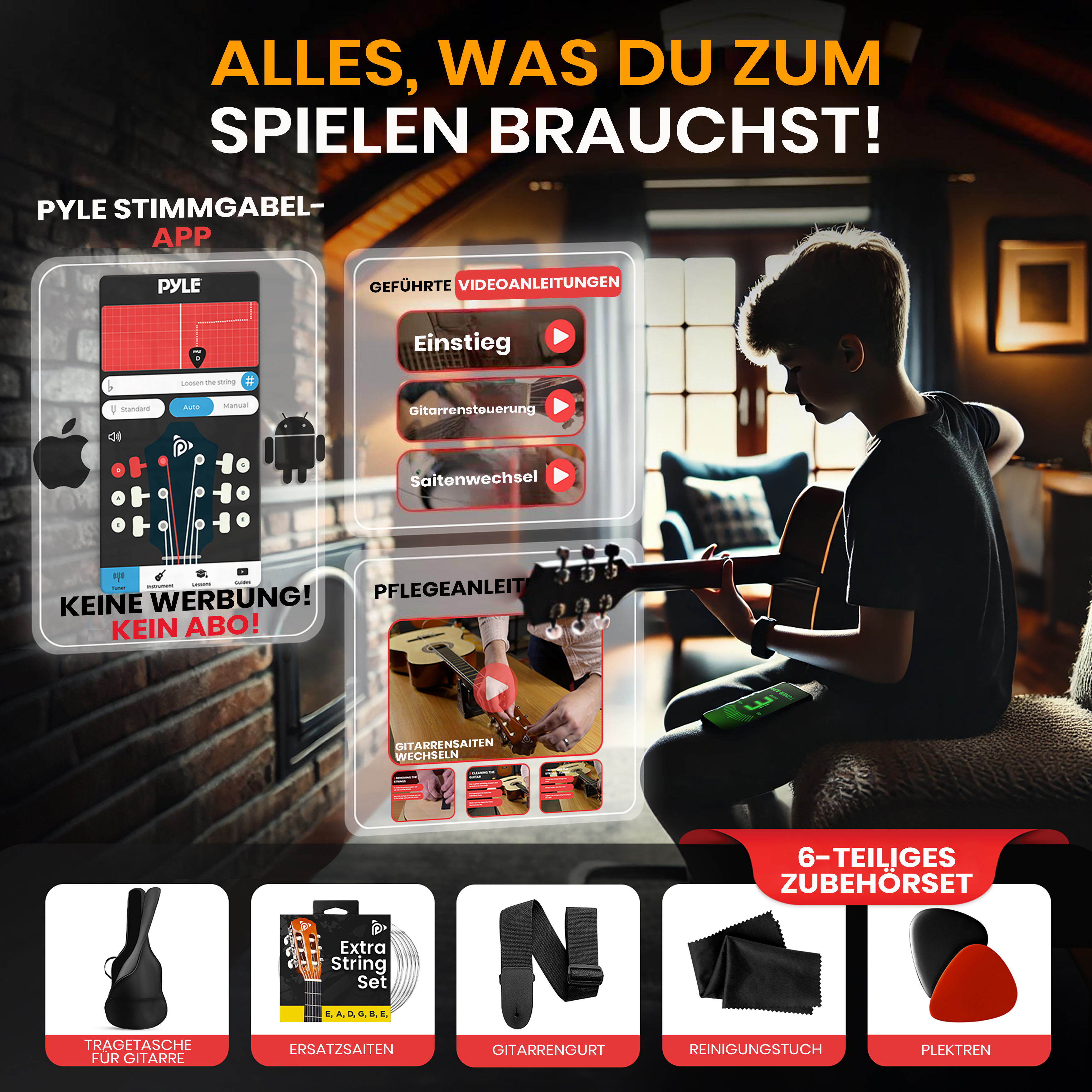 Junge spielt Gitarre, daneben eine App, Videoanleitungen und Zubehör.