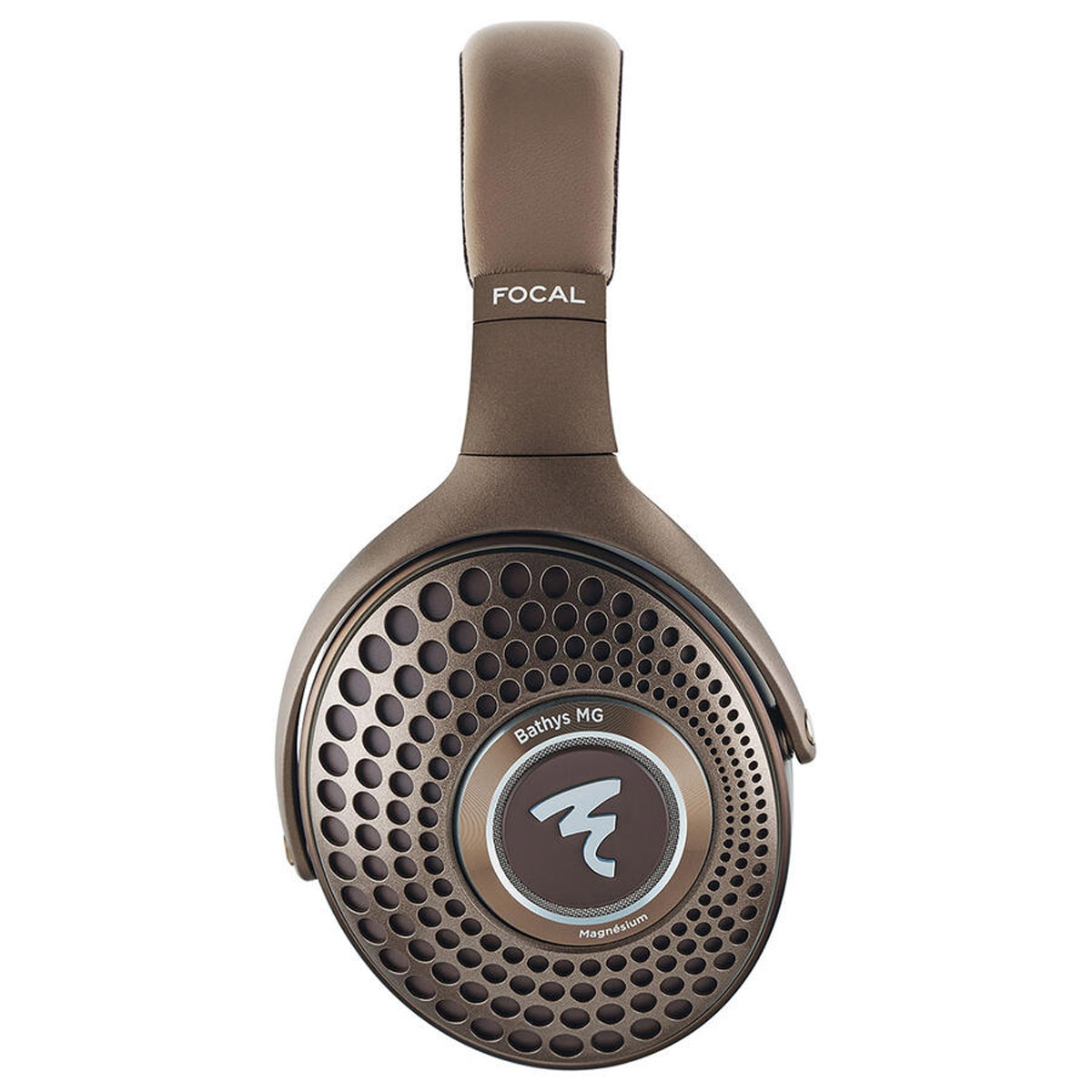 Braune Focal Bathys MG Magnesium-Kopfhörer mit kreisförmigem Gittermuster und Logo.