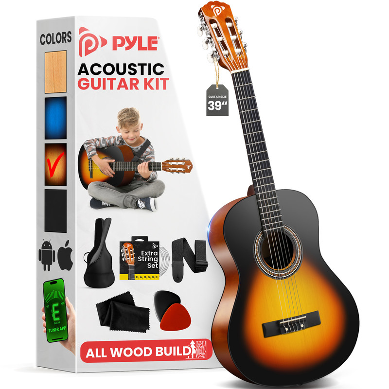 Ein 39-Zoll-Akustikgitarren-Kit mit Zubehör wie Gurt, Plektren und Tasche.