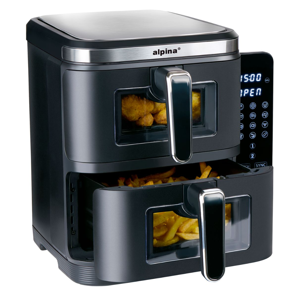 Una friggitrice ad aria nera a doppio cassetto con cibo fritto.