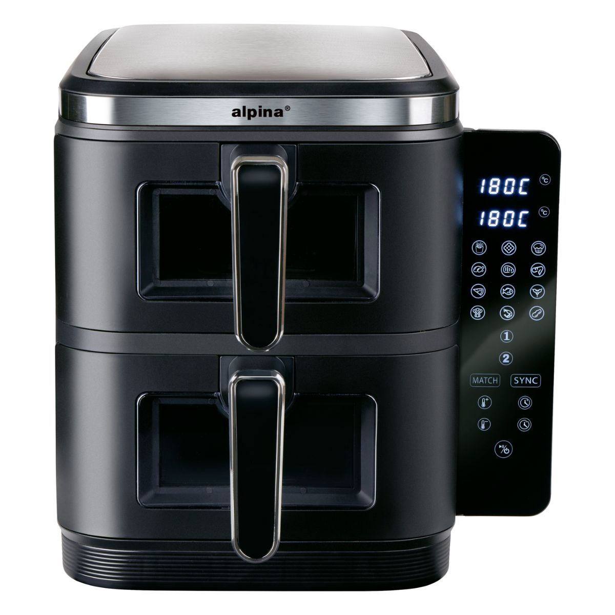 Una friggitrice ad aria nera Alpina con due cassetti e display digitale che mostra 180C.