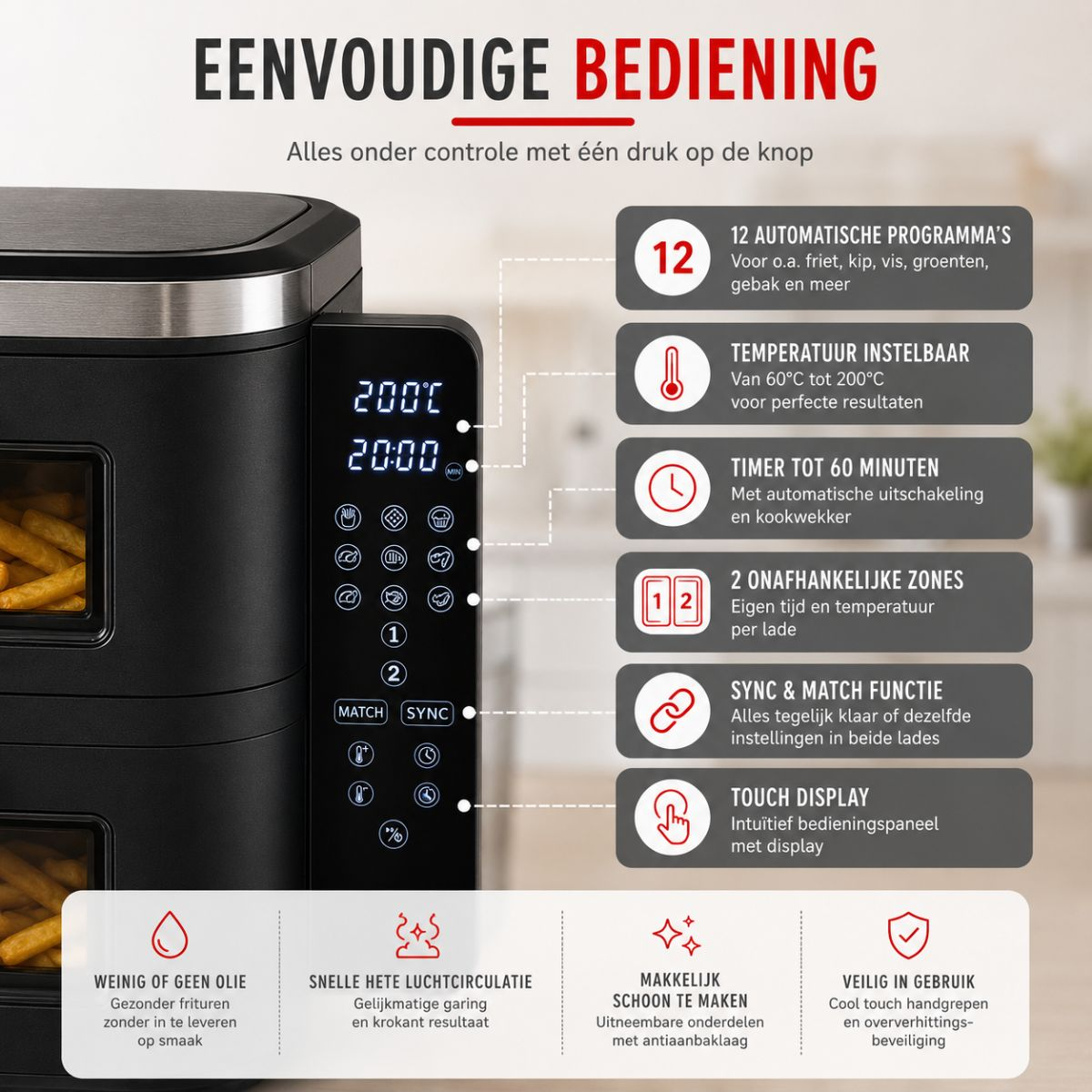 Friggitrice ad aria doppia con touchscreen, 12 programmi, temperatura regolabile.