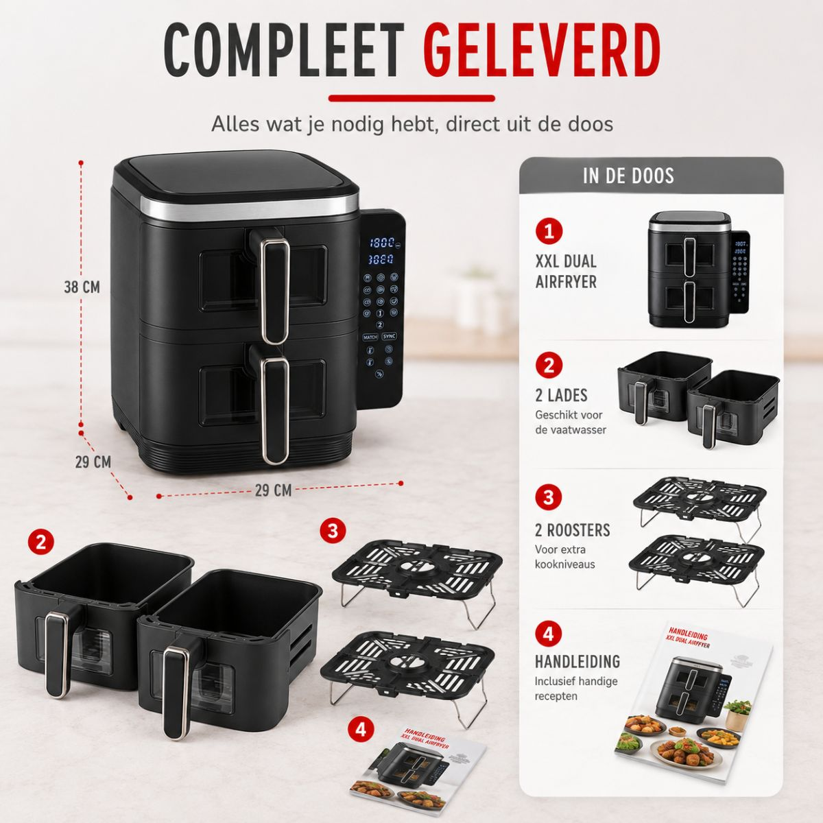 Friggitrice doppia XXL con due cestelli, griglie e manuale. Dimensioni: 38x29x29 cm.