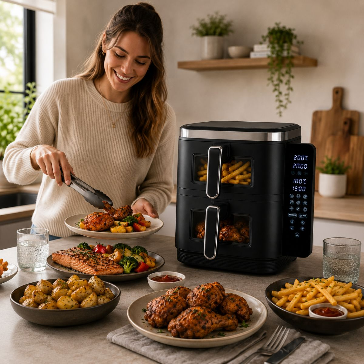 Una donna serve cibo da una friggitrice ad aria doppia nera in cucina.