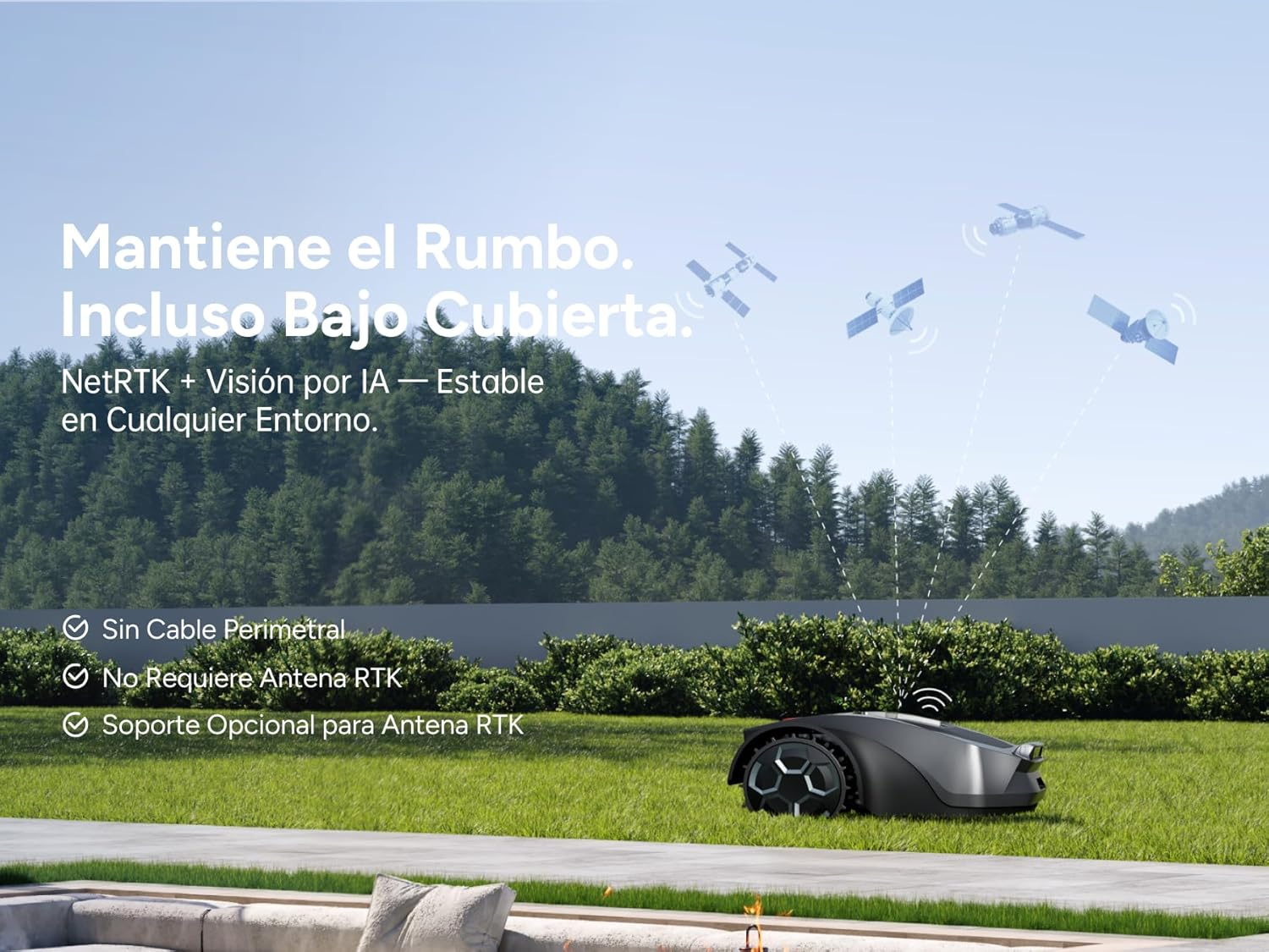 Un robot cortacésped en el césped, satélites en el cielo, árboles.