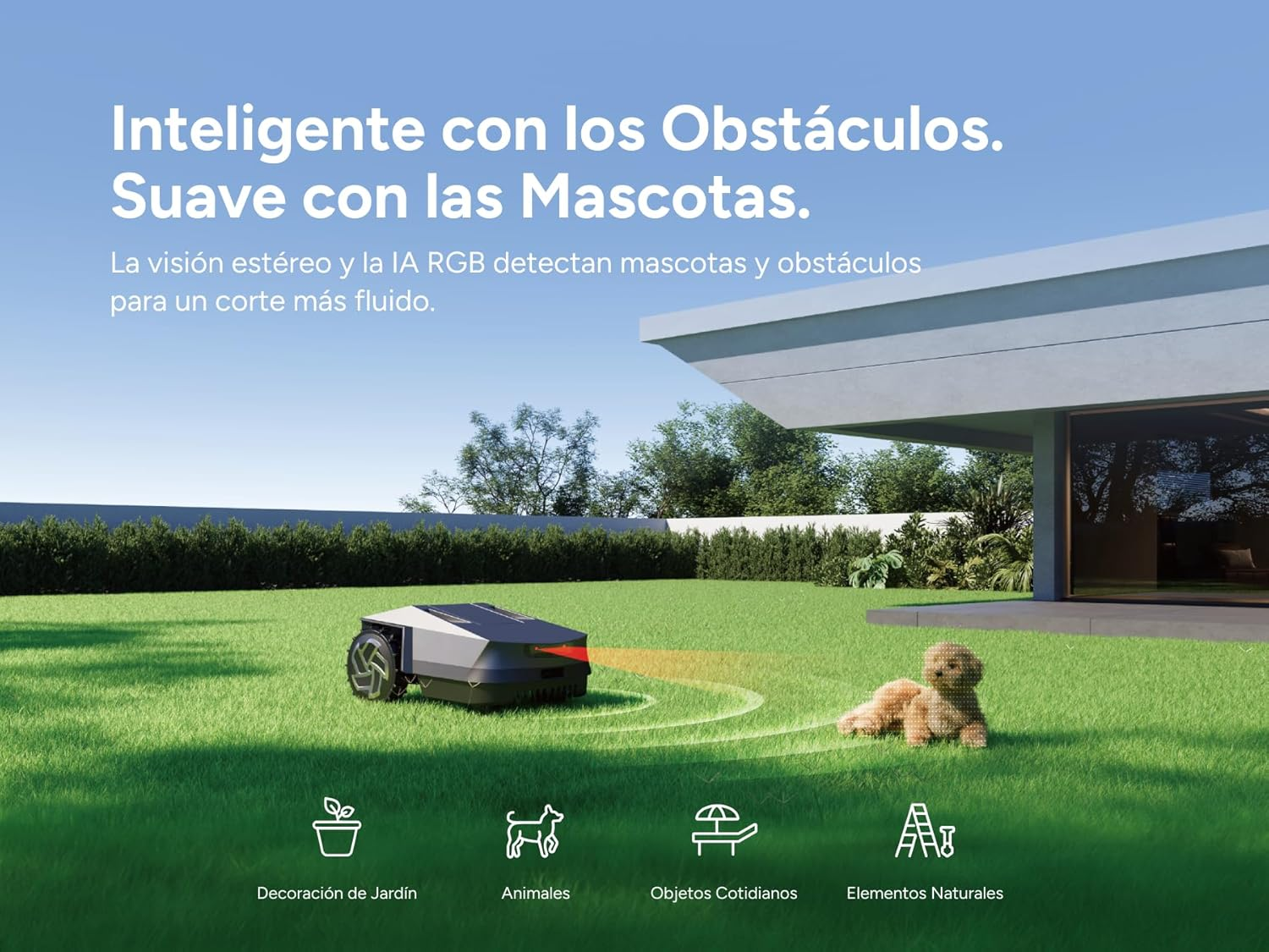 Un robot cortacésped corta el césped cerca de un perro. Una casa al fondo.