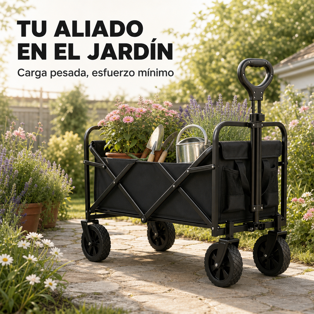 Un carrito de jardín negro con flores y herramientas en un camino pavimentado.