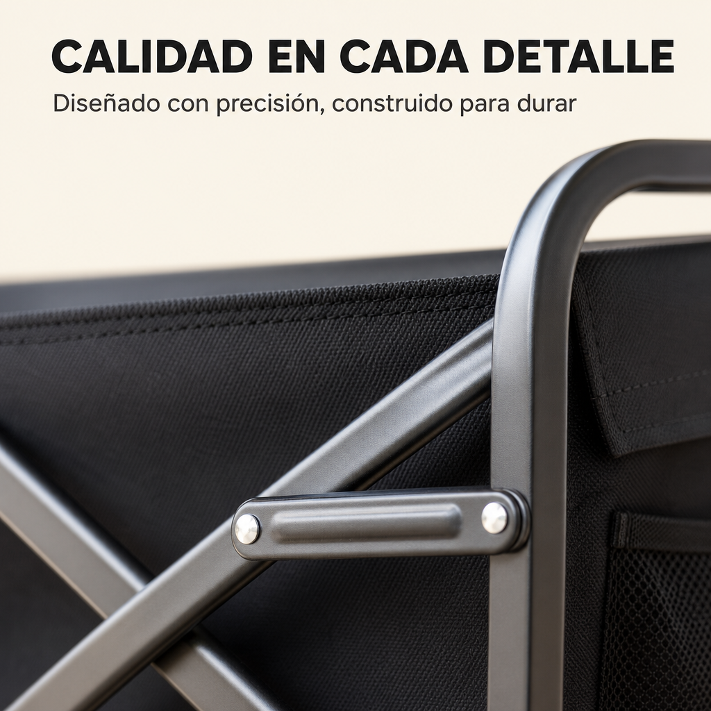 Primer plano de un contenedor de tela negra con marco de metal y remaches.