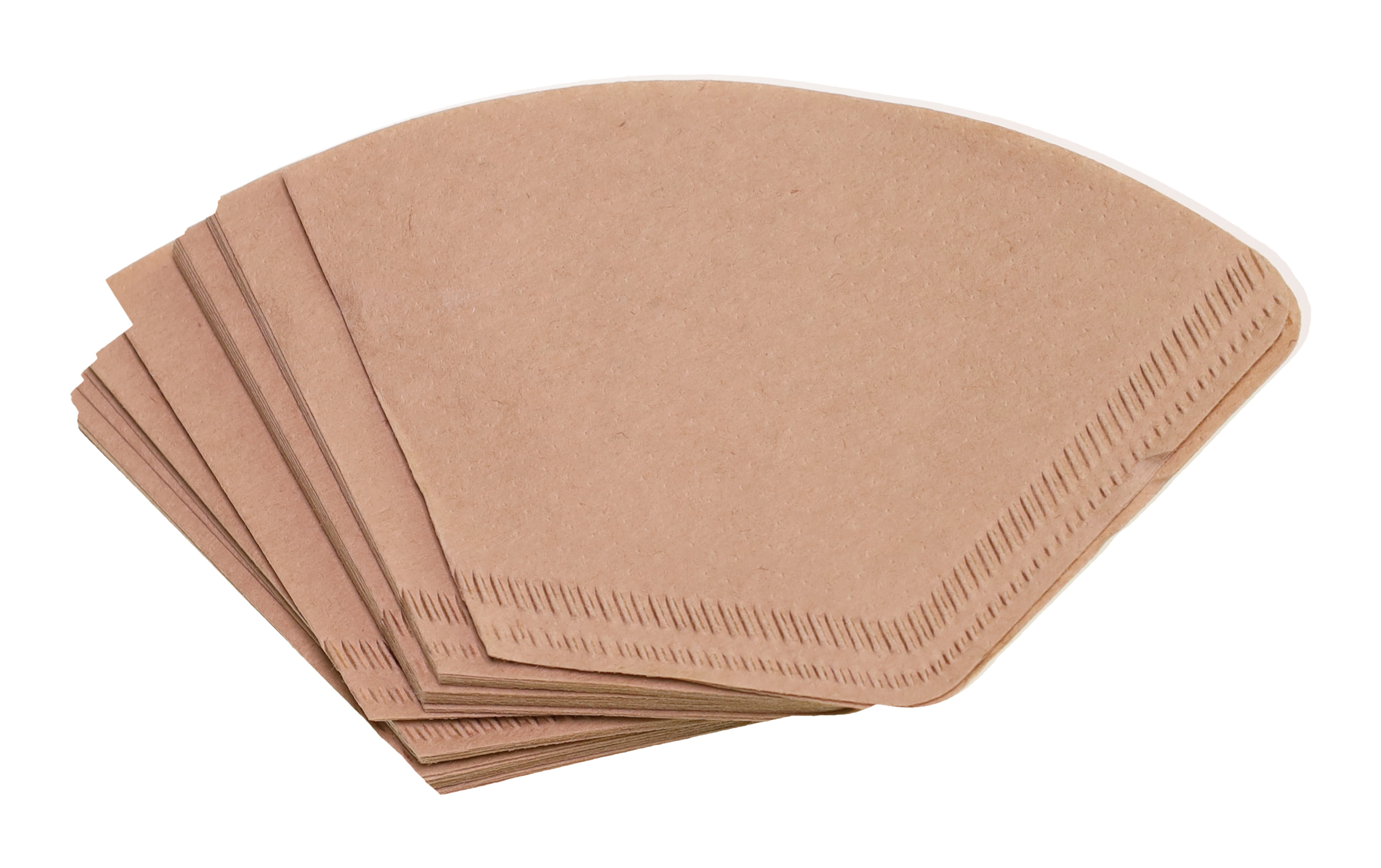 A stack of brown coffee filters with folded edges, isolated on white.