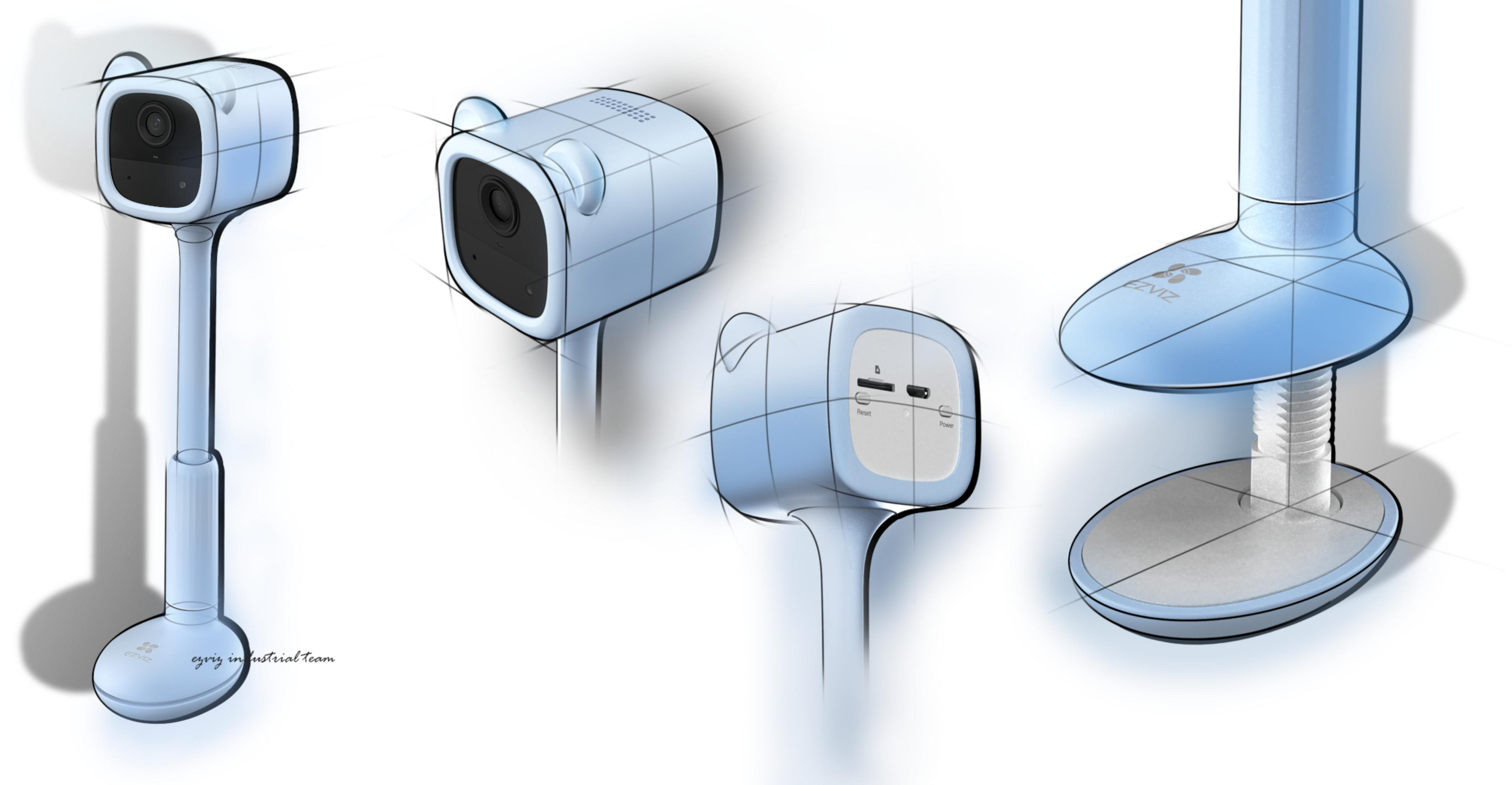 Disegno di una telecamera di sicurezza azzurra vista da diverse angolazioni.