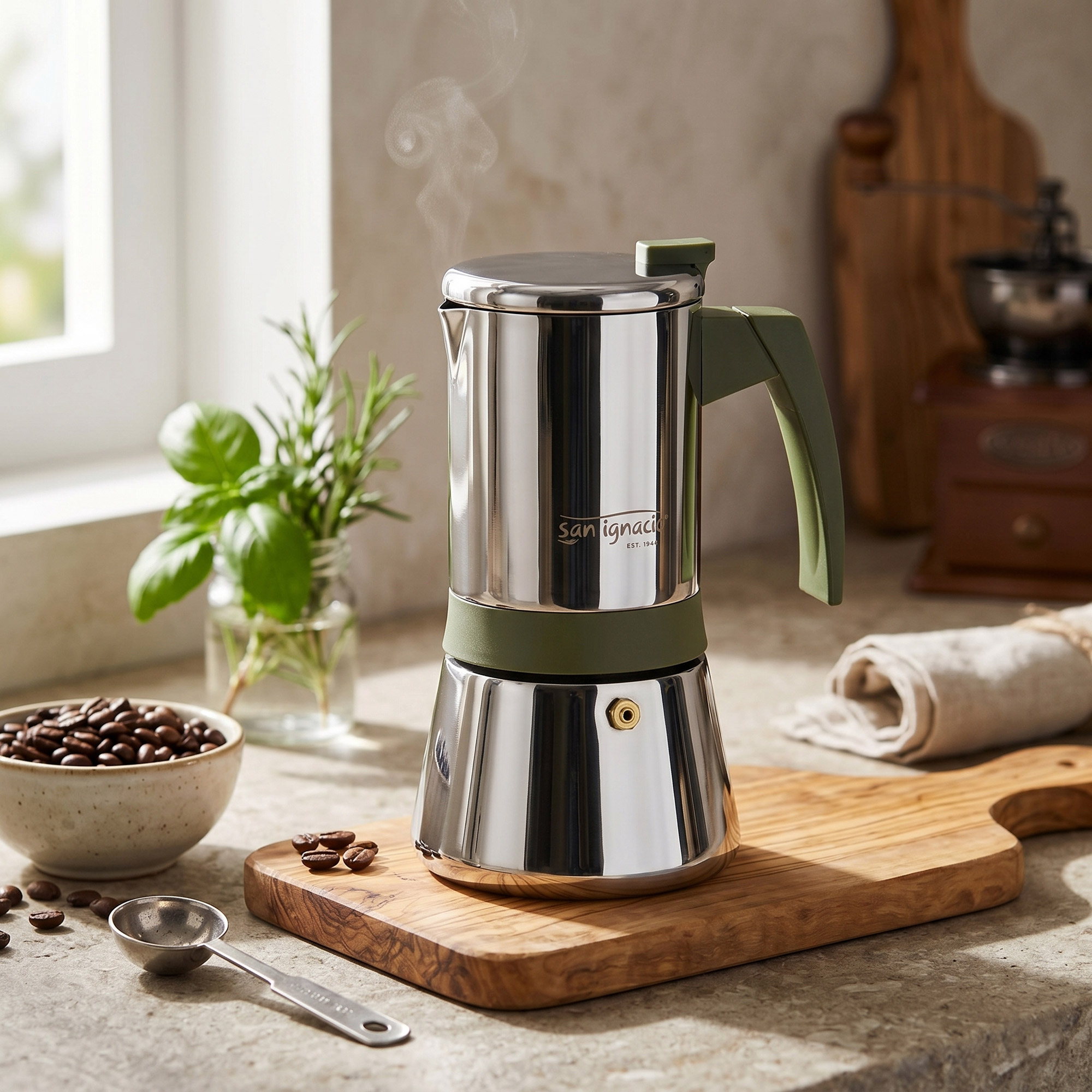 Cafetera de acero inoxidable con asa verde, humeante, con granos y hierbas.