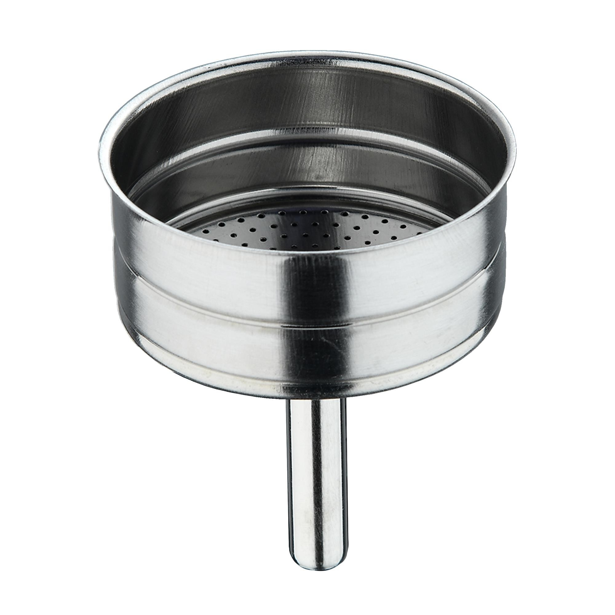 Embudo de acero inoxidable con perforaciones y pico estrecho, aislado en blanco.