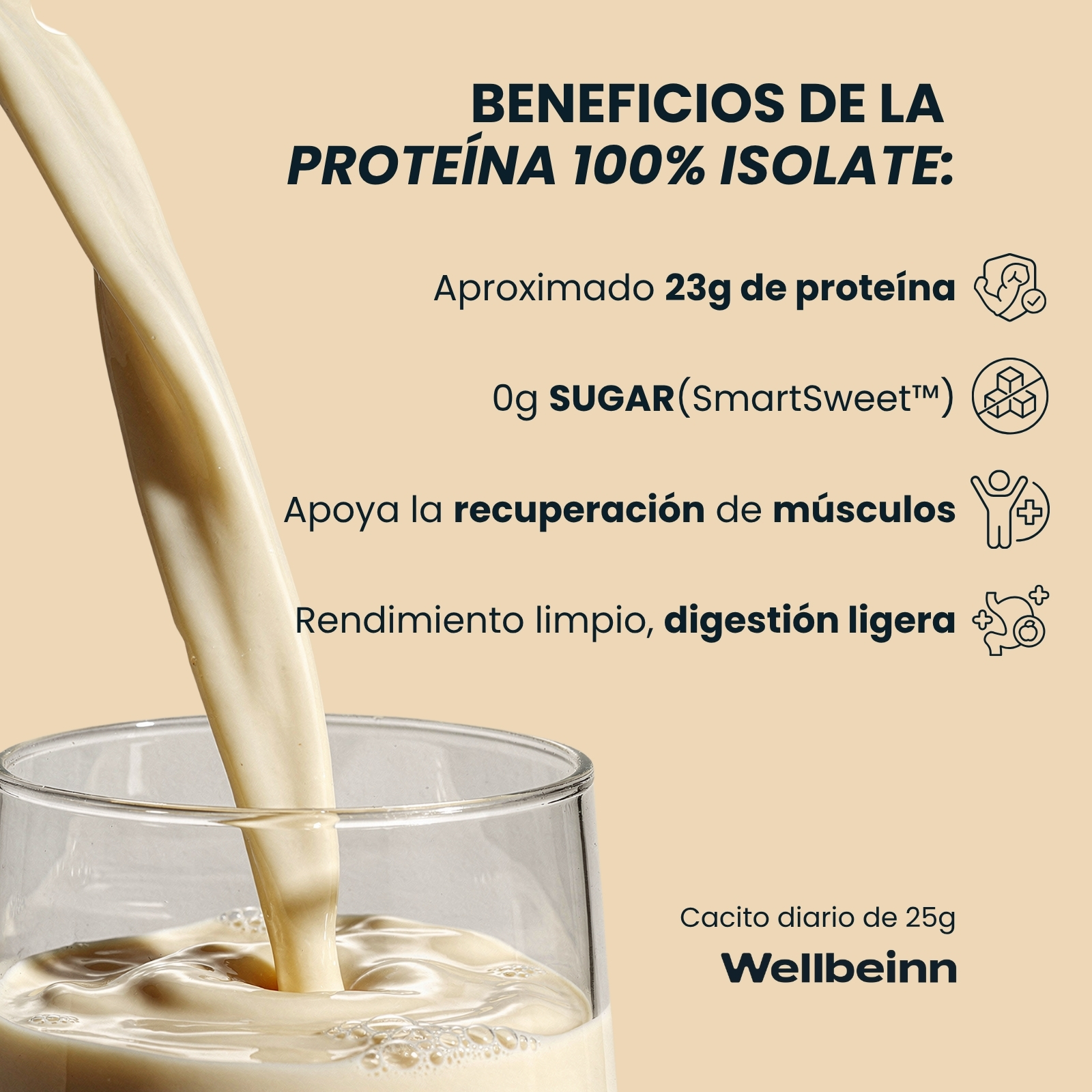 Un batido de proteína cremoso y beige se vierte en un vaso. Se enumeran los beneficios.