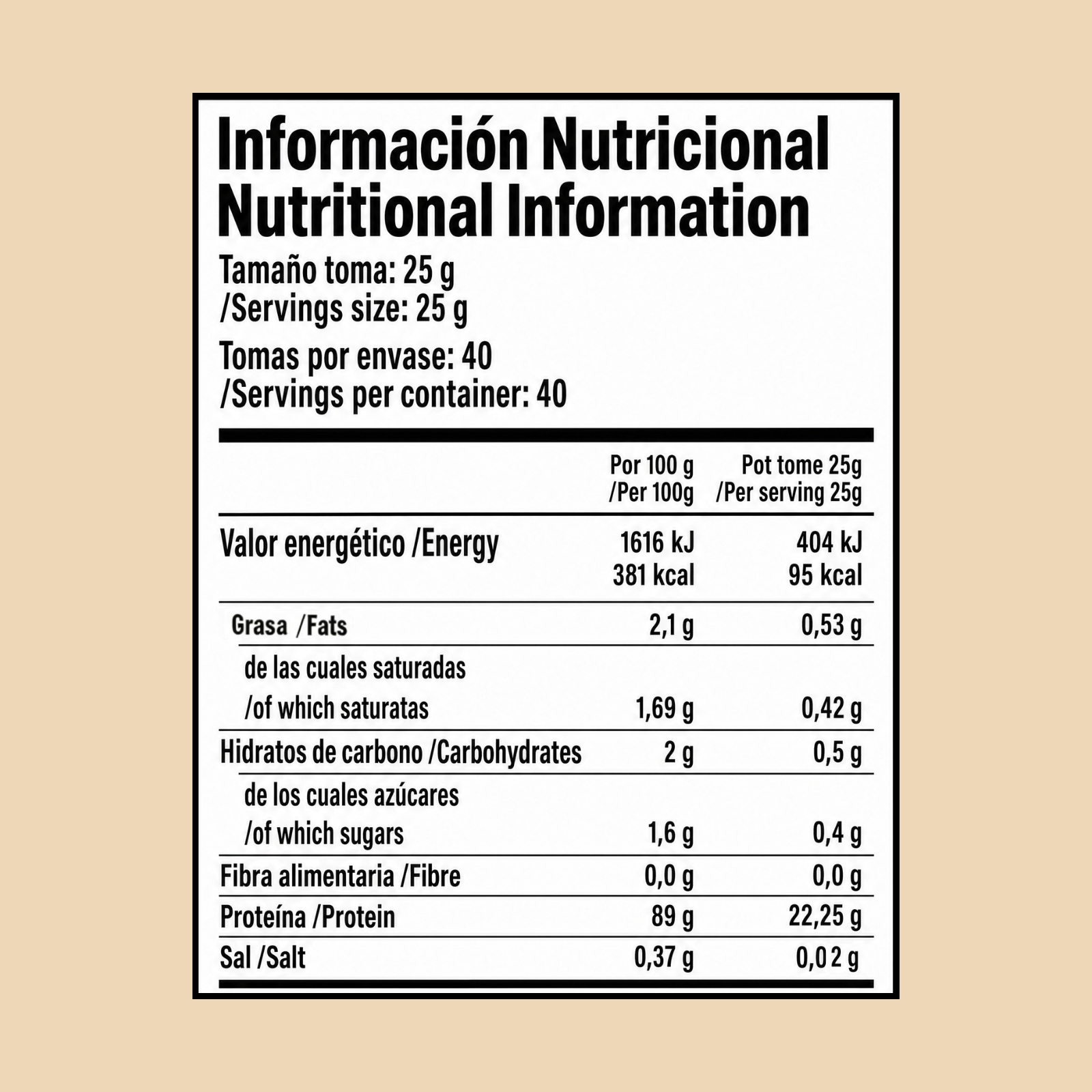 Info nutricional por porción de 25g: Energía 404 kJ/95 kcal, Grasa 0,53g, Carb 0,5g, Proteína 22,25g.