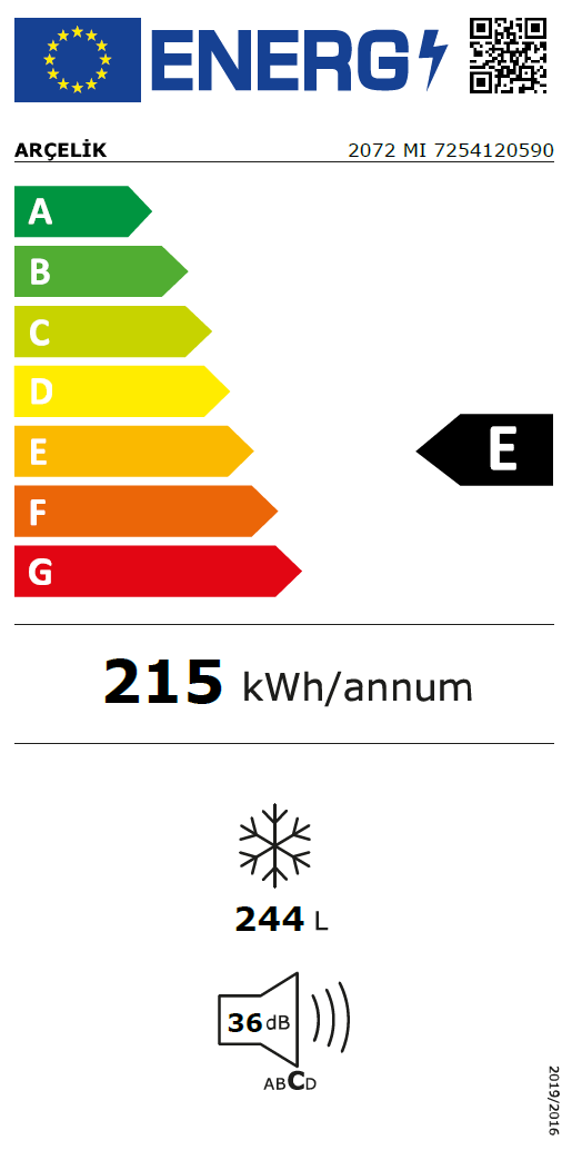 Enerji etiketi A-G ölçeği, E sınıfı, 215 kWh/yıl, 244 L, 36 dB.