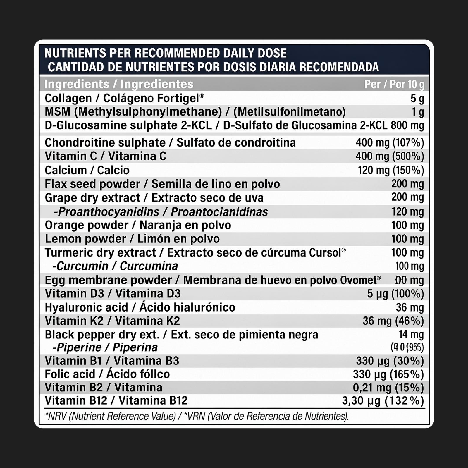 Lista de datos nutricionales con ingredientes como colágeno, MSM y vitaminas.