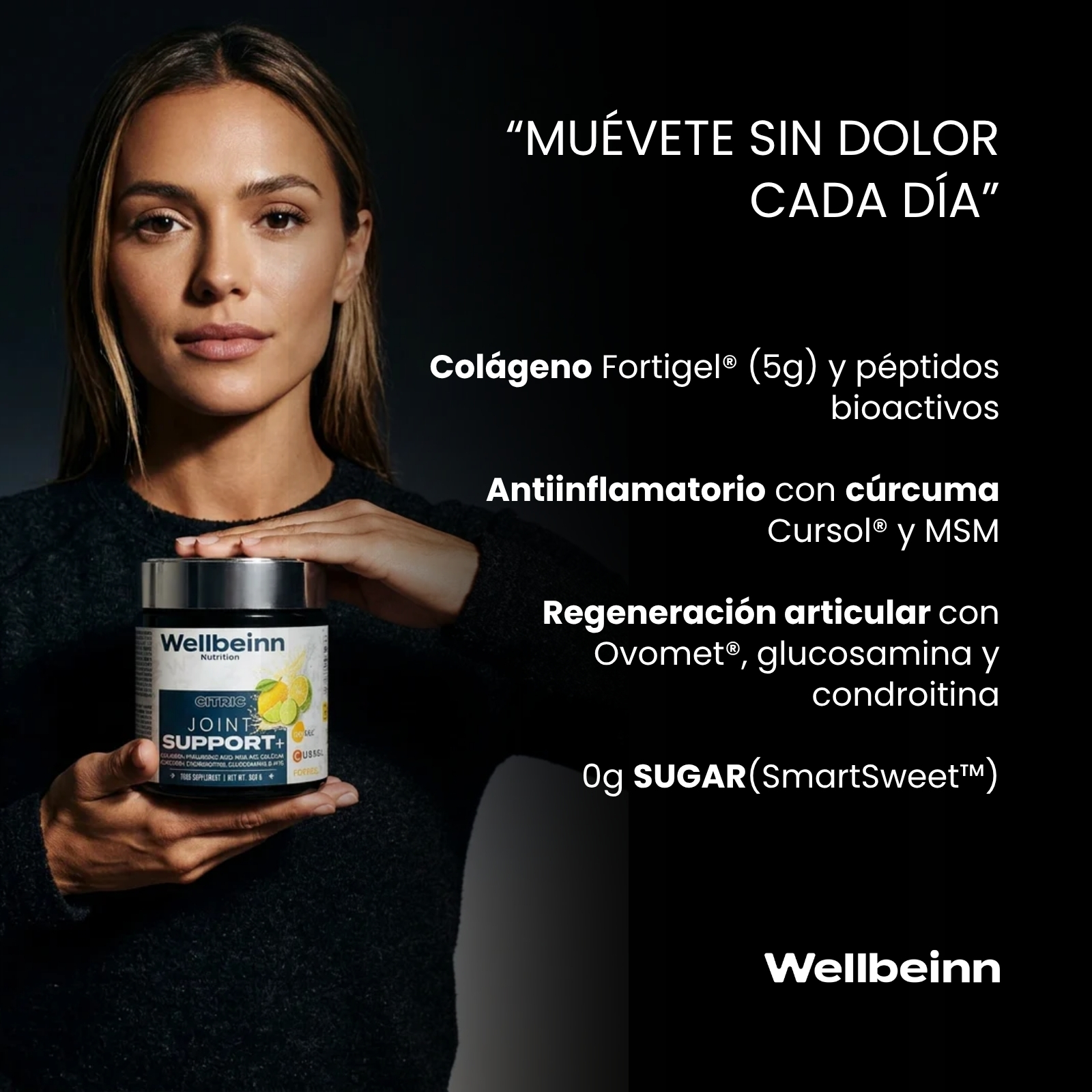 Una mujer sostiene un frasco de polvo para el soporte articular. El texto detalla sus beneficios.