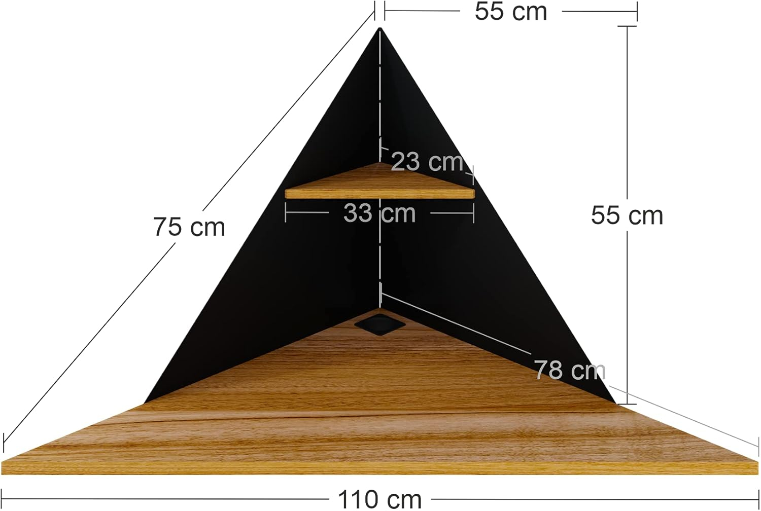 Un estante de esquina de madera con paredes negras y dimensiones.