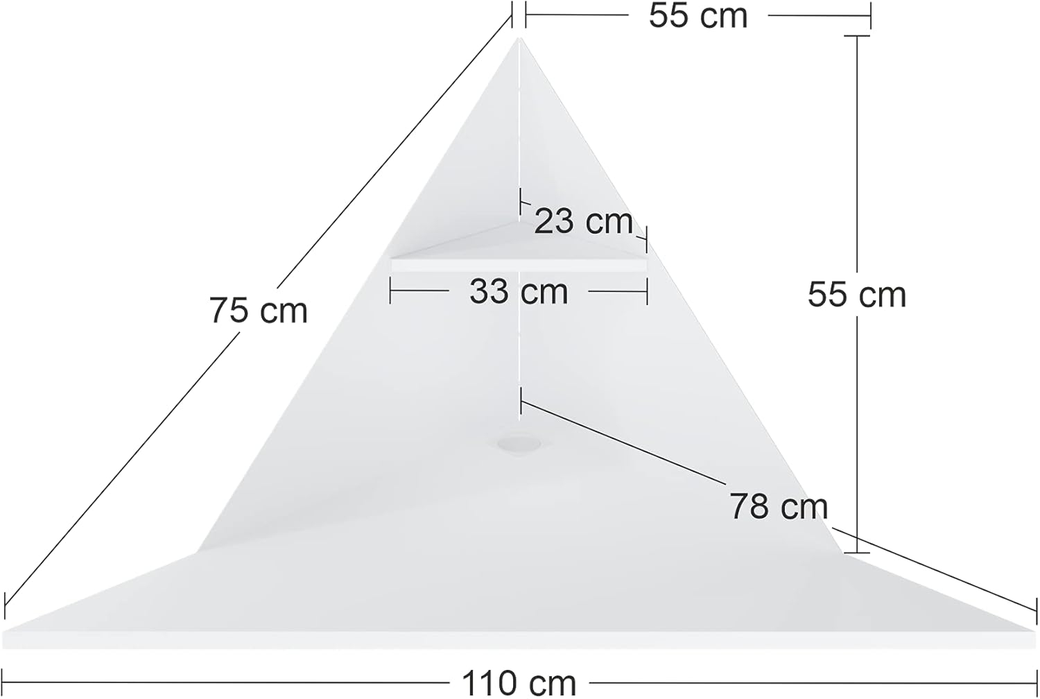 Una esquina blanca con dimensiones de 75 cm, 110 cm y 55 cm.
