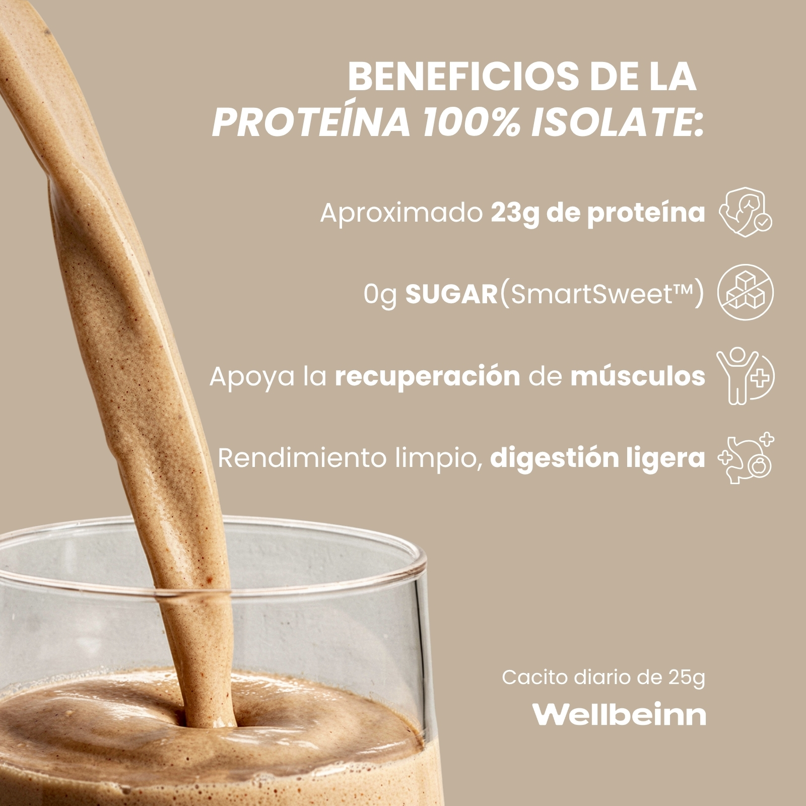 Batido de proteína marrón vertiéndose en un vaso. Beneficios: 23g proteína, 0g azúcar.