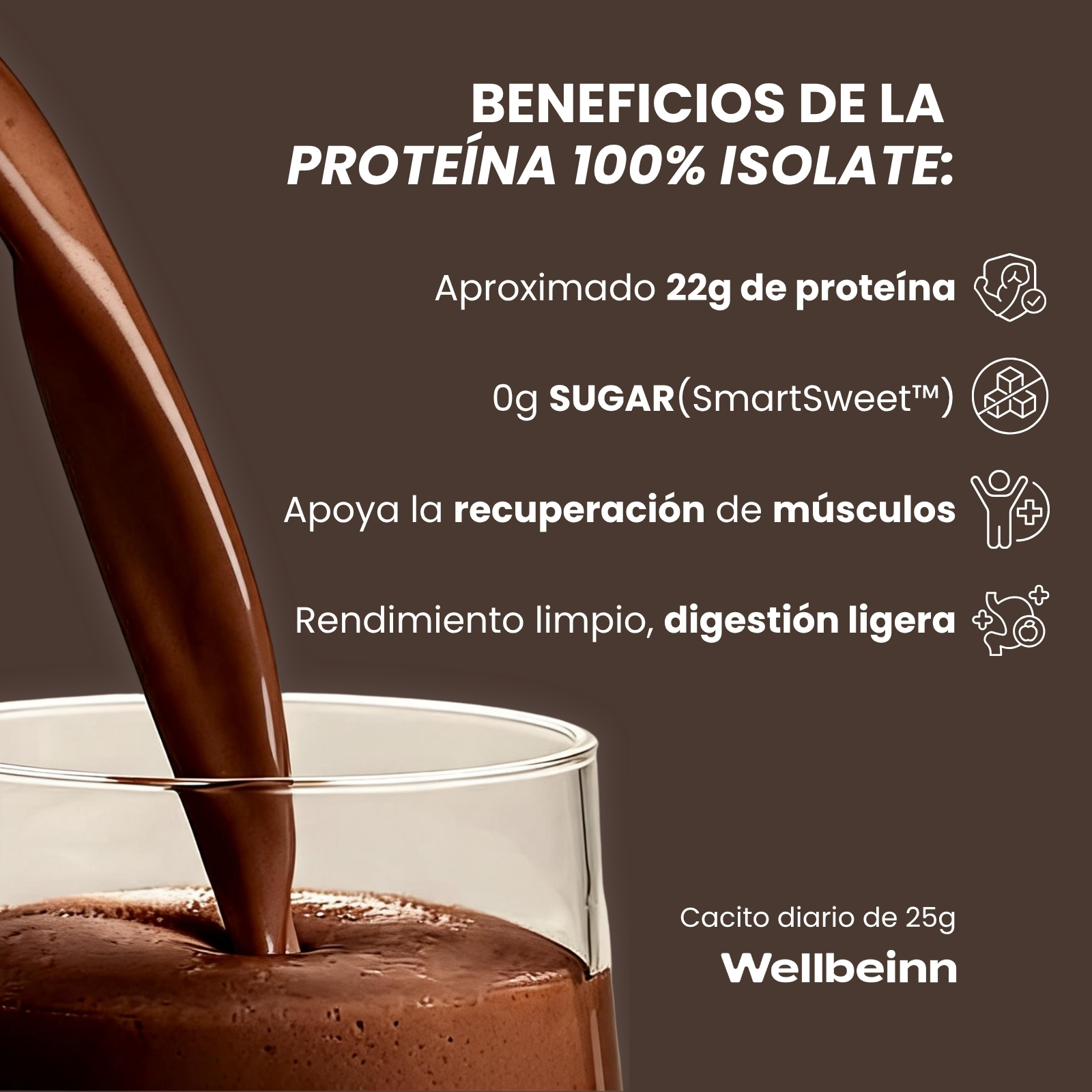 Bebida de chocolate vertiéndose en un vaso. Texto sobre beneficios de la proteína.