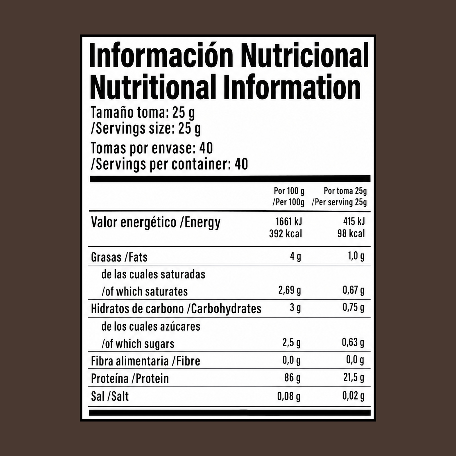Info nutricional por porción de 25g: Energía, Grasas, Carbohidratos, Proteína, Sal.