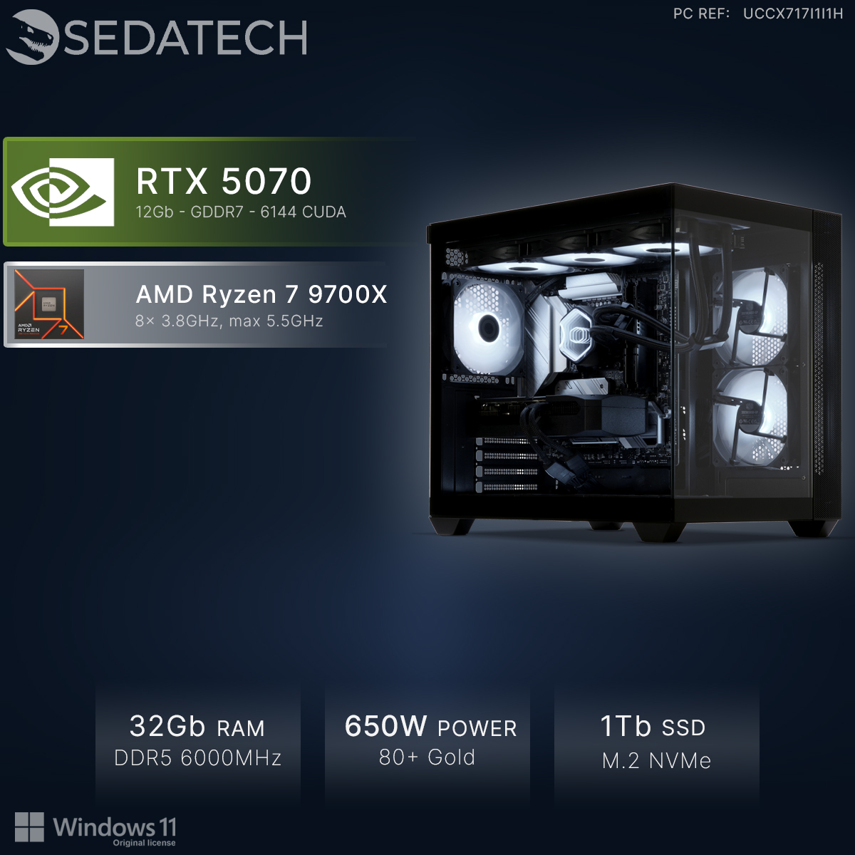 Un PC potente con RTX 5070, Ryzen 7 9700X, 32GB RAM y fuente de 650W.