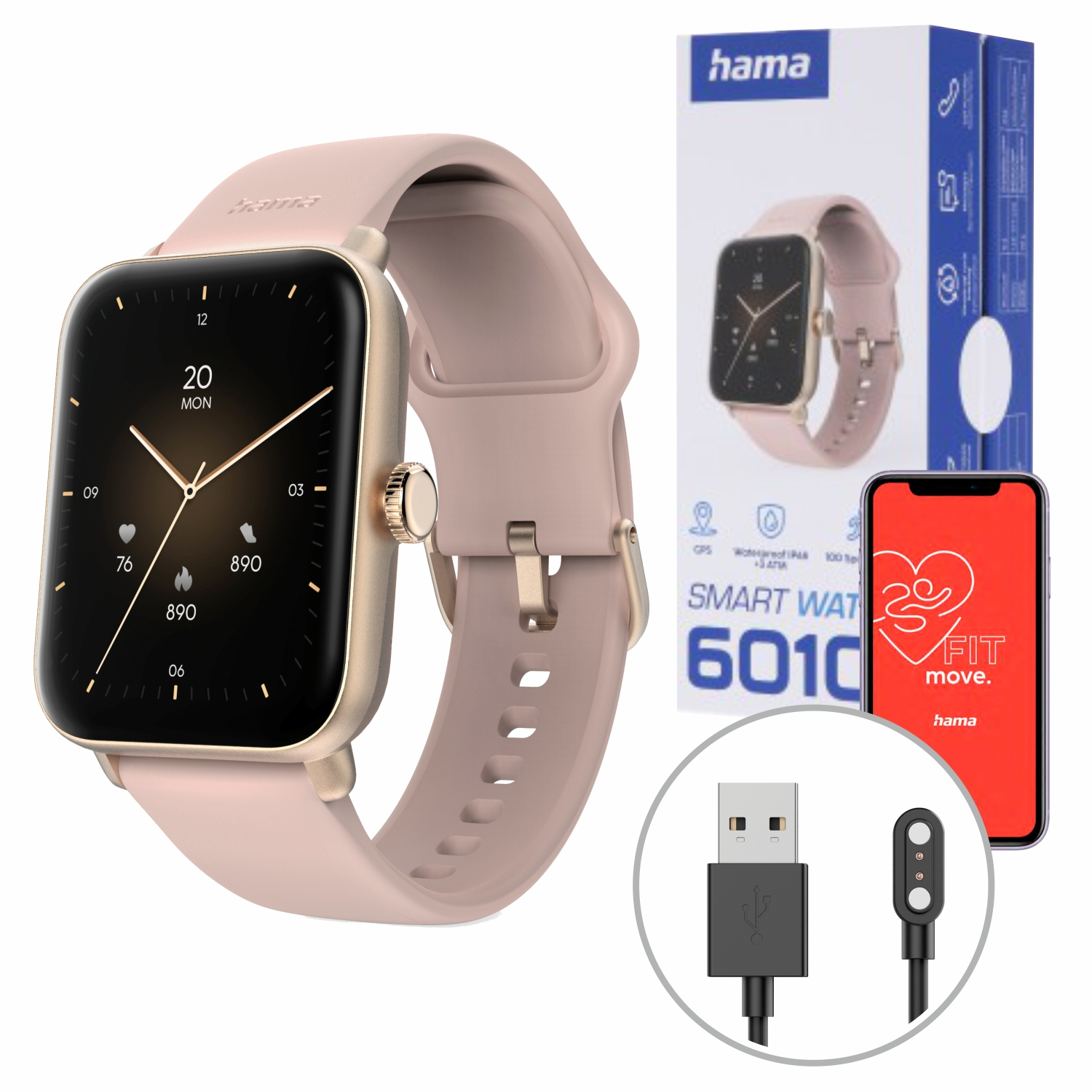 Un reloj inteligente rosa con caja dorada, cable de carga y embalaje.