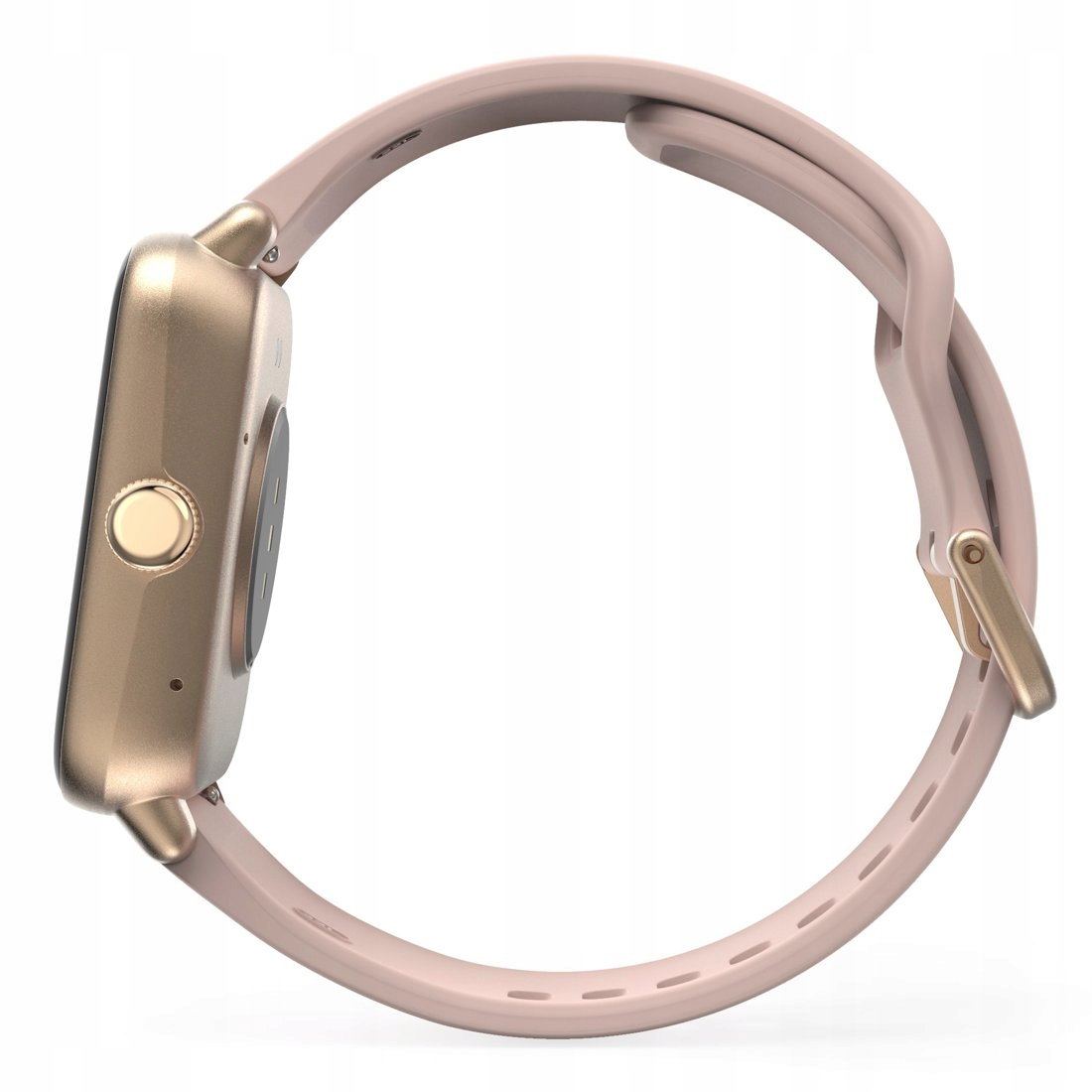Smartwatch dorada con correa rosa y cierre dorado, aislada sobre fondo blanco.