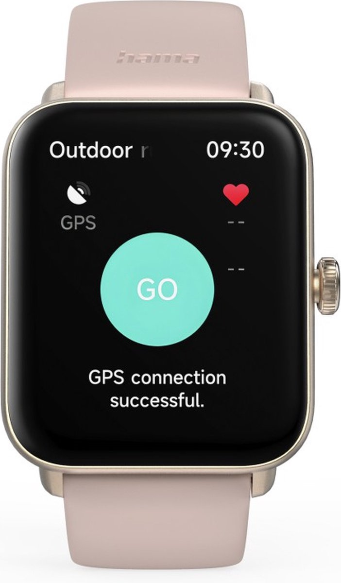 Un reloj inteligente con modo "Outdoor r", 09:30, GPS y botón "GO".