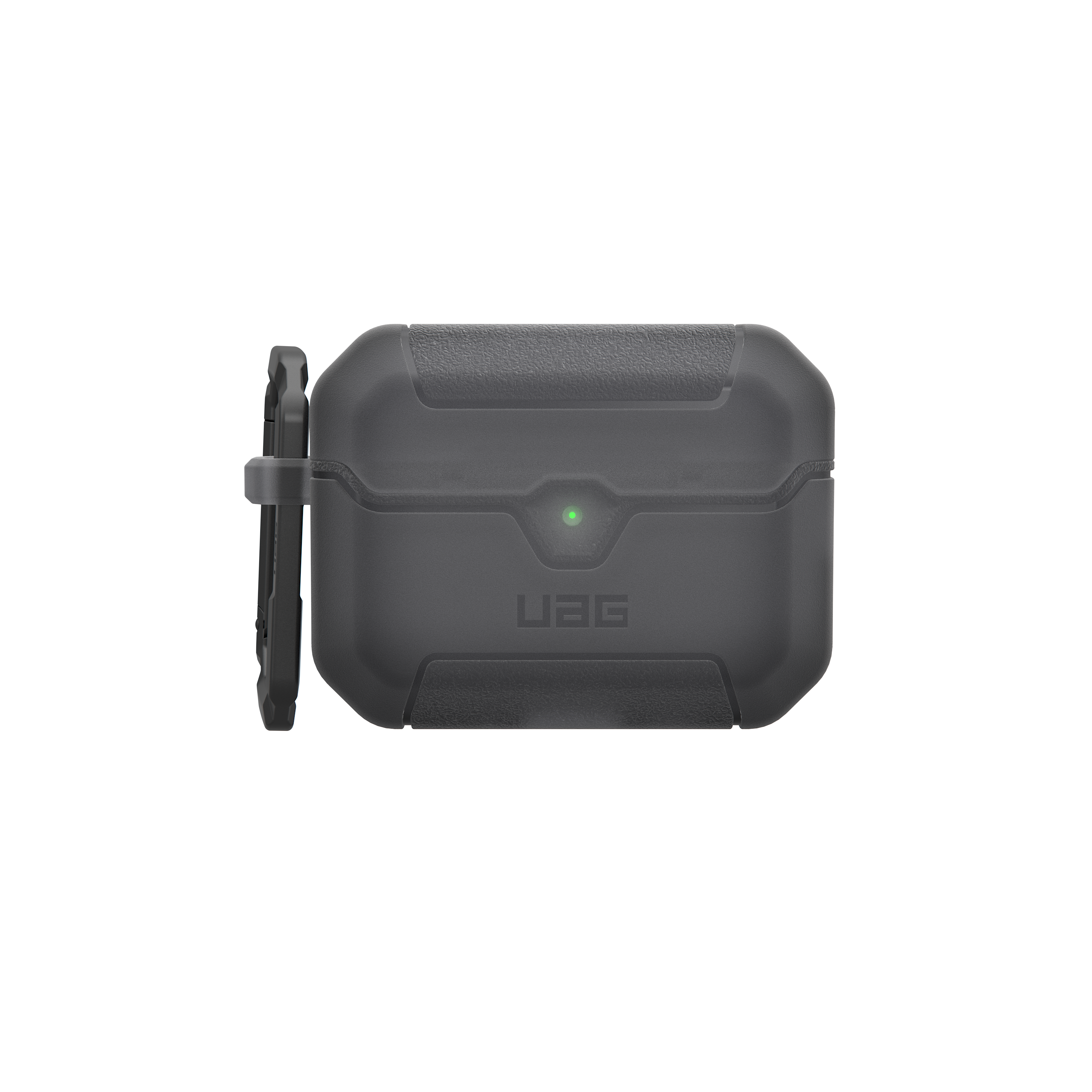Graue UAG Hülle für Kopfhörer mit Karabiner und grünem Lämpchen.