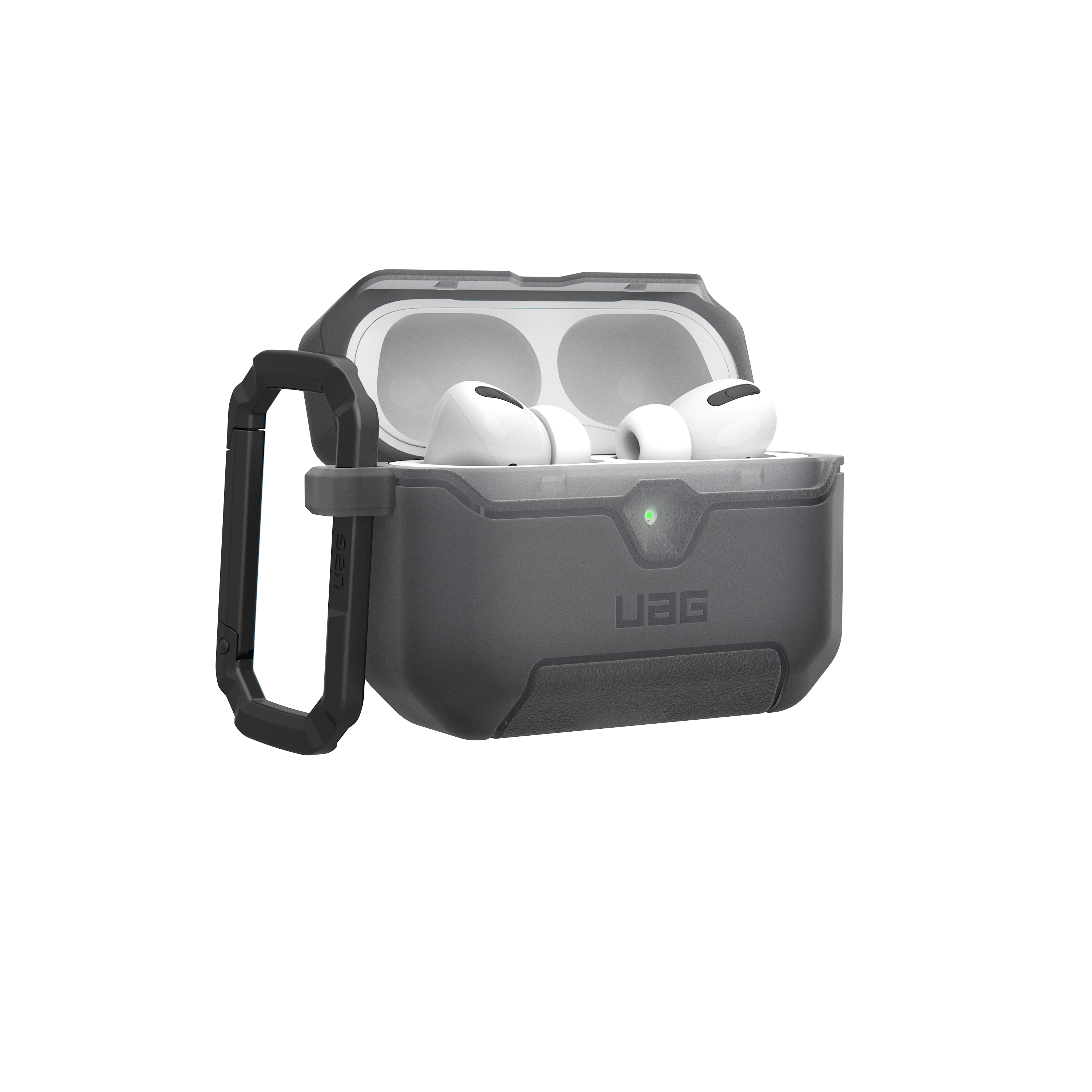 Graues UAG-Case für AirPods Pro mit offenem Deckel, zwei weiße Ohrhörer drin.