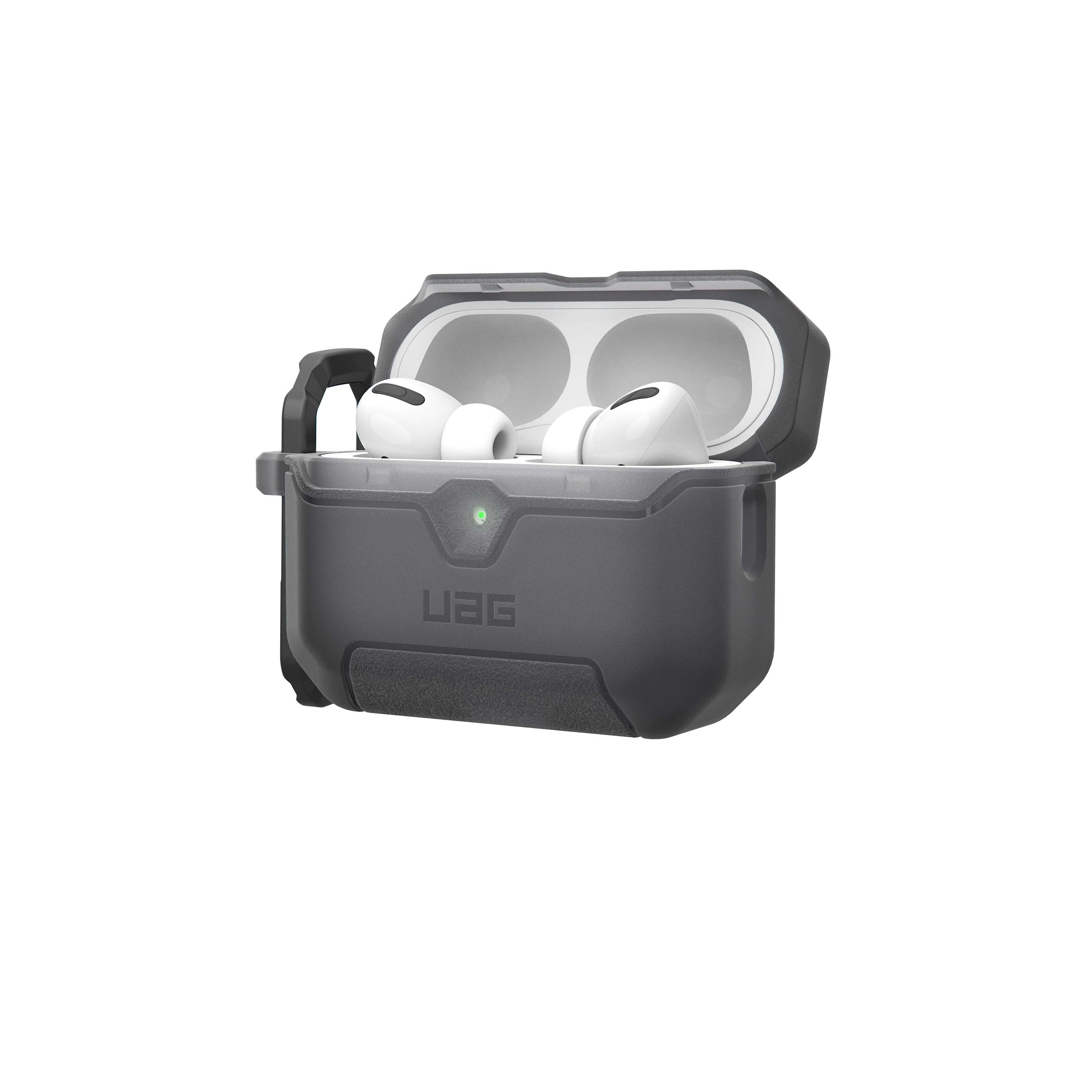 Graues UAG-Etui mit geöffnetem Deckel und weißen Kopfhörern.
