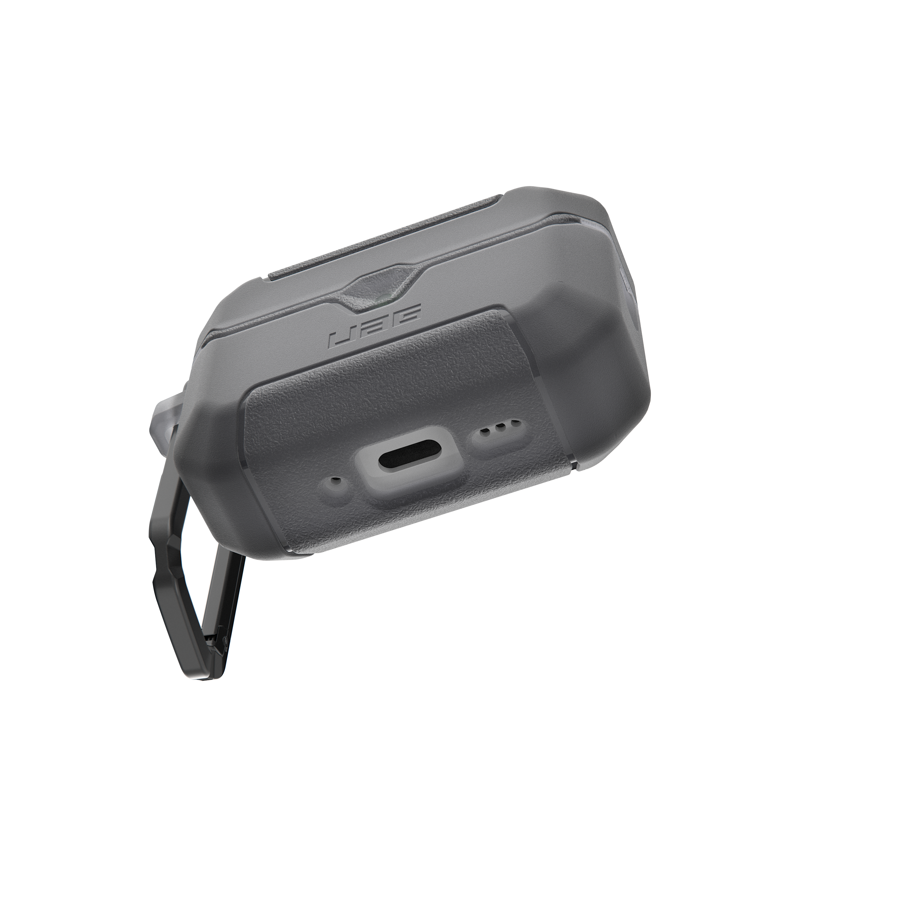 Grauer AirPods Pro Hülle mit Ladeanschluss und Tragegriff.