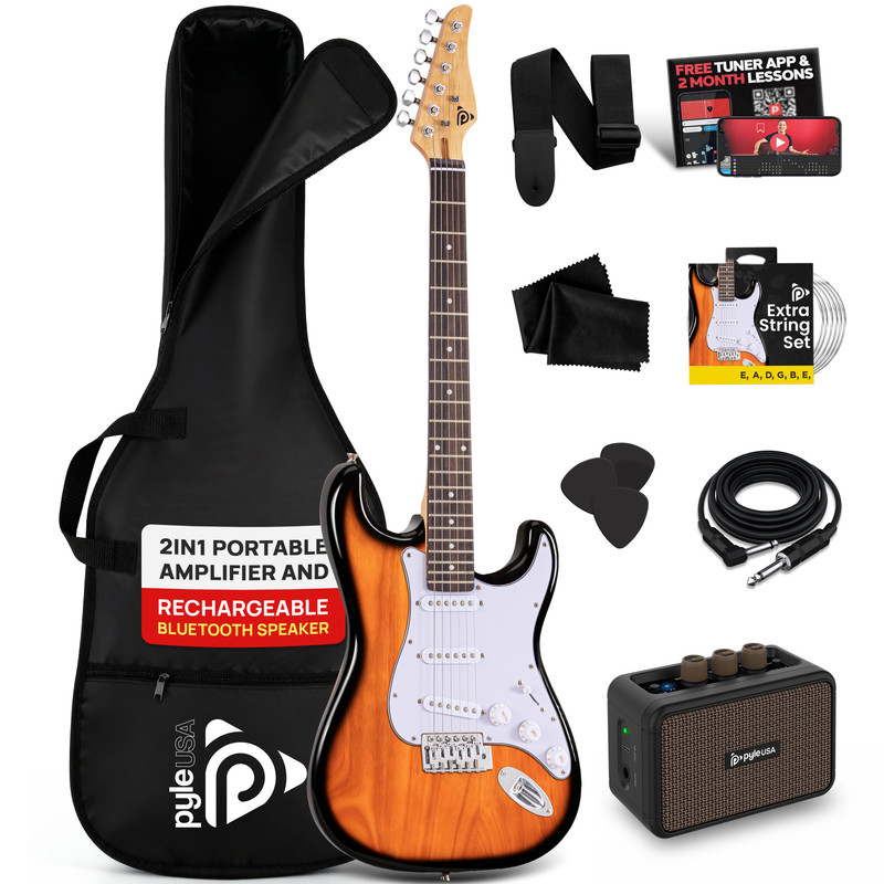 E-Gitarre mit Zubehör: Tasche, Verstärker, Gurt, Plektren, Kabel, Saiten.