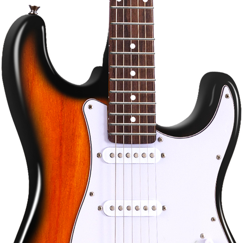 Nahaufnahme einer E-Gitarre mit Sonnenuntergangsfinish, weißem Schlagbrett und Saiten.